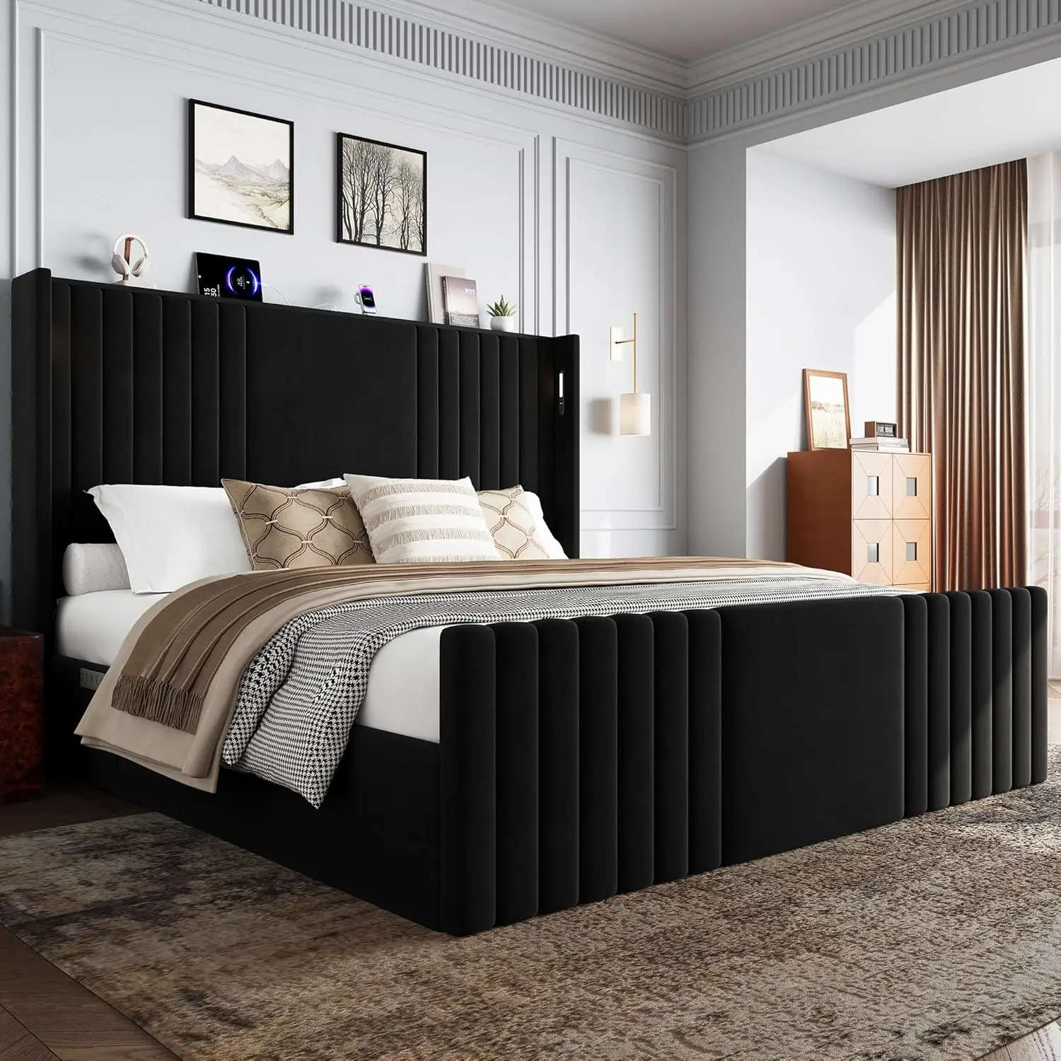 King Size Bed Frame with 55.1" Tall Headboard, Velvet Upholstered Platform Bed with Channel Tufted Wingback, 2 Reading Lights/St
King Size Bed Frame with 55.1" Tall Headboard, Velvet Upholstered Platform Bed with Channel Tufted Wingback, 2 Reading Lights/St