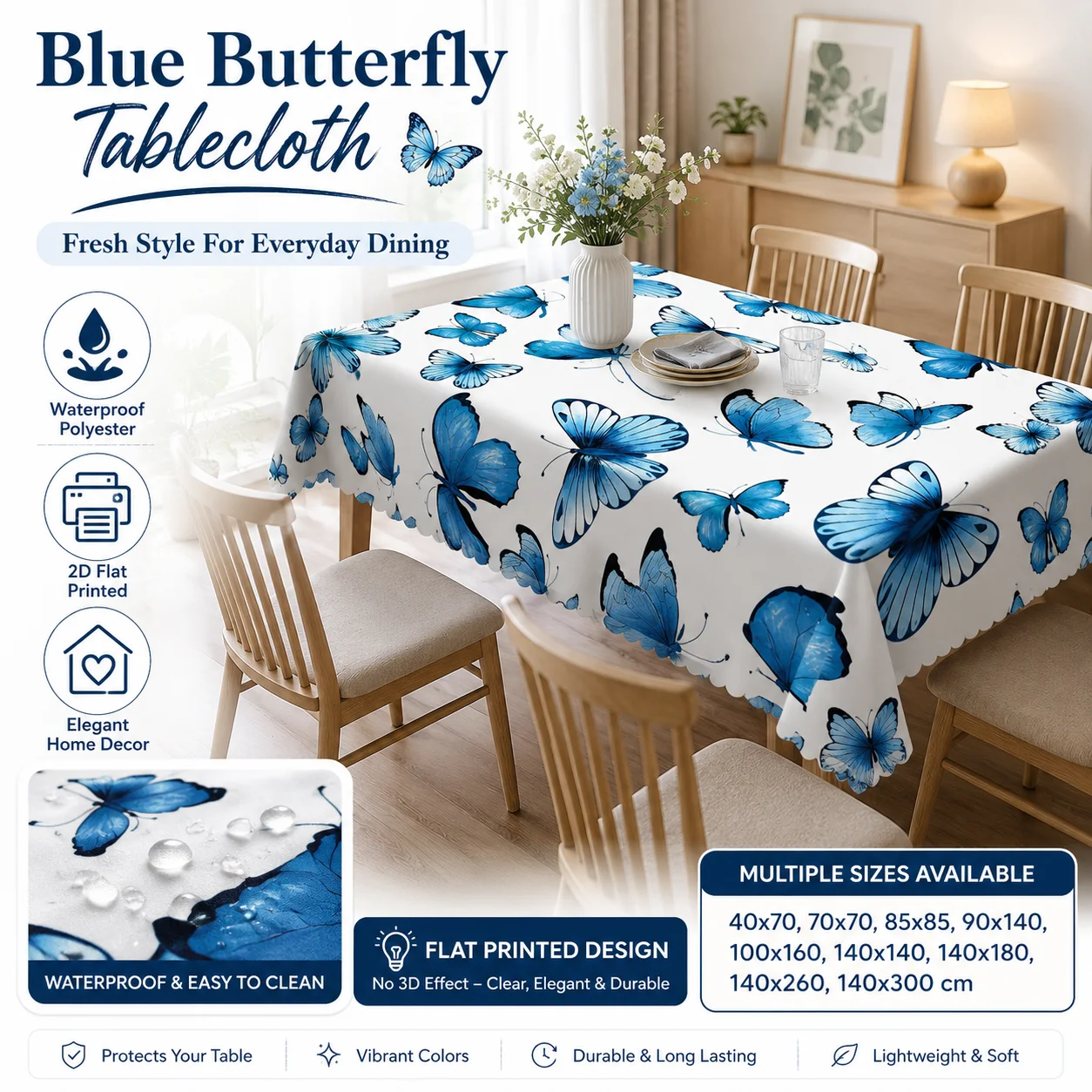 Blue Butterfly Waterproof Polyester Tablecloth 2D Flat Printed Rectangular Table Cover For Dining Room Kitchen Home Decor
Blue Butterfly Waterproof Polyester Tablecloth 2D Flat Printed Rectangular Table Cover For Dining Room Kitchen Home Decor