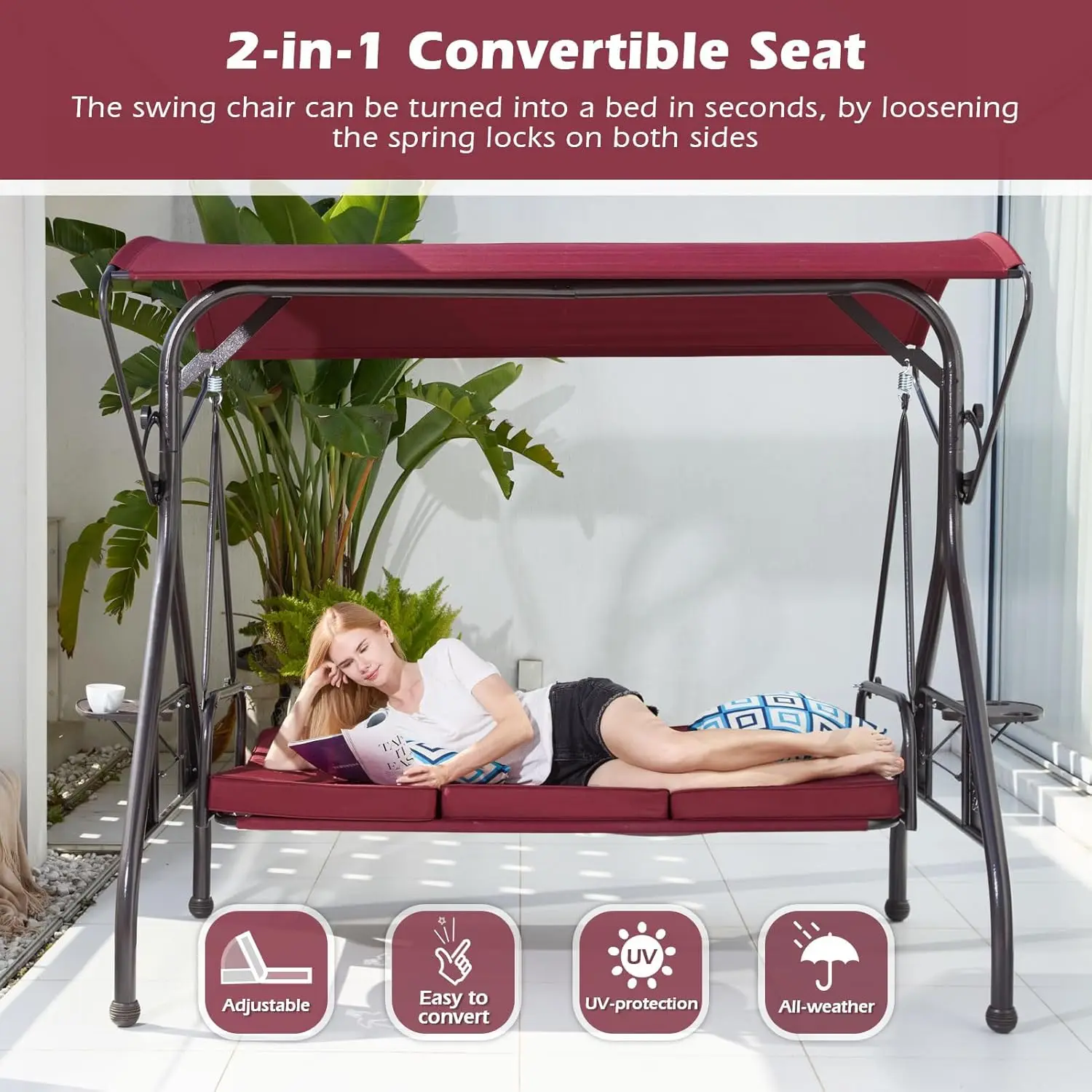 3-Seat Outdoor Porch with Stand, Patio with Canopy, 2 in 1 Porch Bed & Patio Swing Chair for Adult
3-Seat Outdoor Porch with Stand, Patio with Canopy, 2 in 1 Porch Bed & Patio Swing Chair for Adult