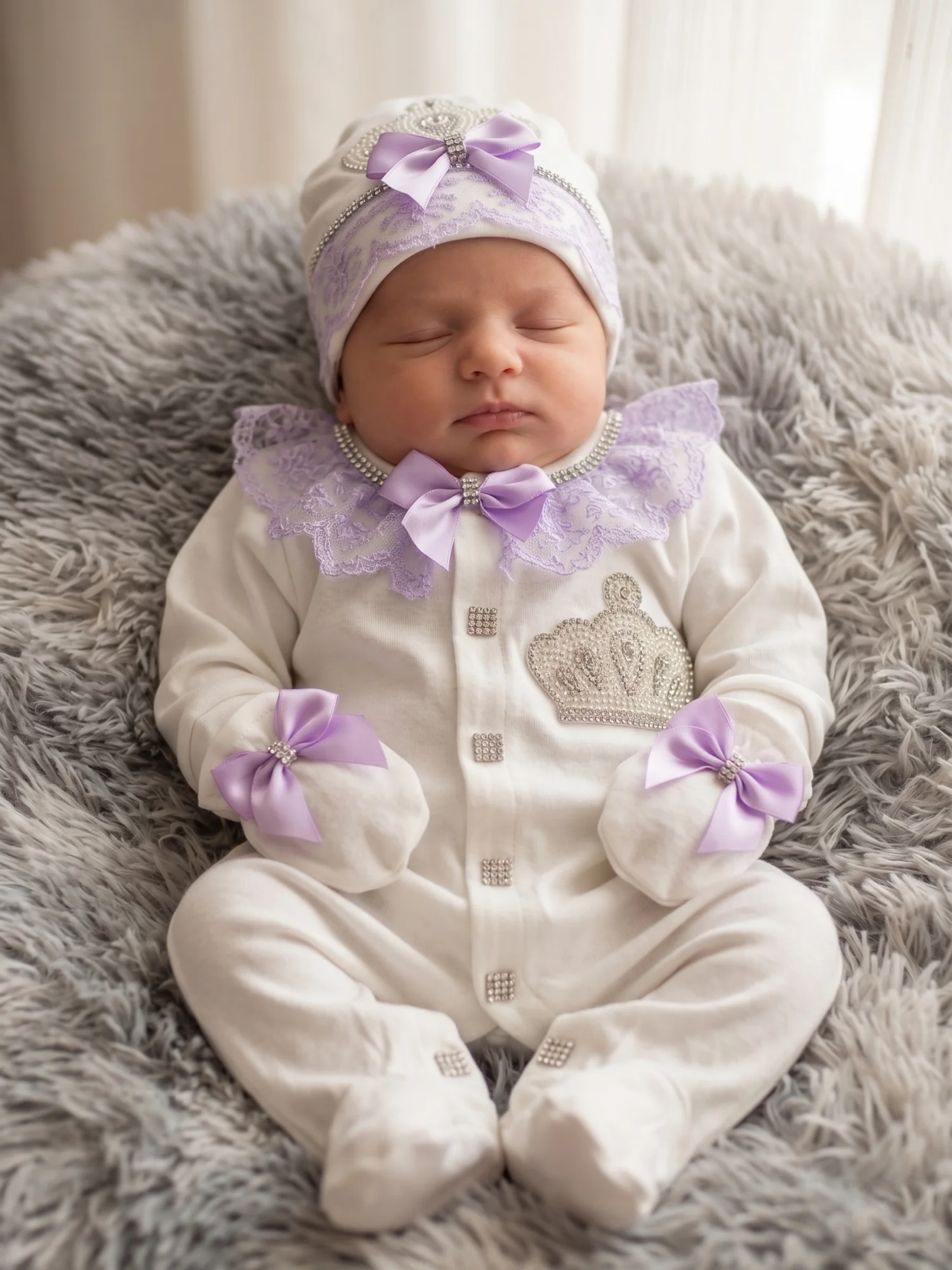 3Pcs Refined Cream Lavender Princess Baby Footed Romper Set Delicate Lace Newborn Outfit Gentle Quality
3Pcs Refined Cream Lavender Princess Baby Footed Romper Set Delicate Lace Newborn Outfit Gentle Quality
