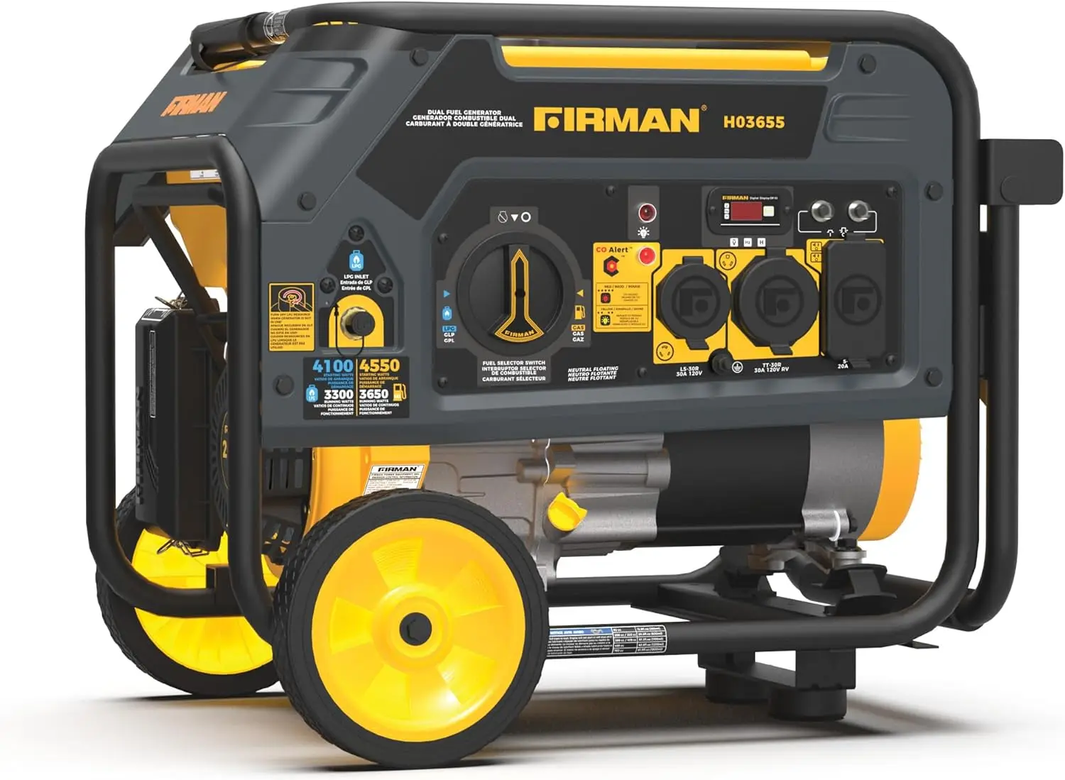 H03655 Dual Fuel Portable Generator, 4550W Gas 3650W Running, 4100W Propane, Recoil Start, 120V, CO Alert, Low Oil Shut Off
H03655 Dual Fuel Portable Generator, 4550W Gas 3650W Running, 4100W Propane, Recoil Start, 120V, CO Alert, Low Oil Shut Off