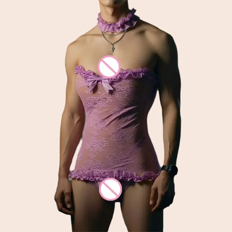 Purple lace sexy porno lingerie men's style Expose shoulders slim fit hip hugging hip wrap skirt role-playing costumes uniform
Purple lace sexy porno lingerie men's style Expose shoulders slim fit hip hugging hip wrap skirt role-playing costumes uniform