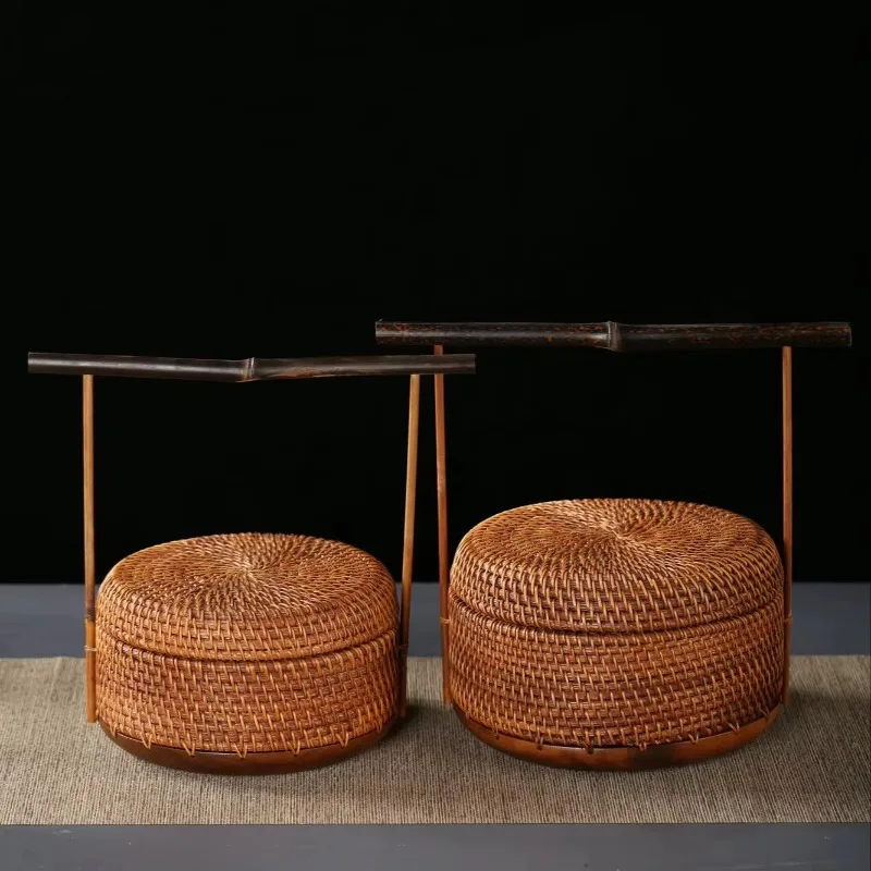 Handmade walnut rattan basket lacquered round storage box with lid and purple handle
Handmade walnut rattan basket lacquered round storage box with lid and purple handle