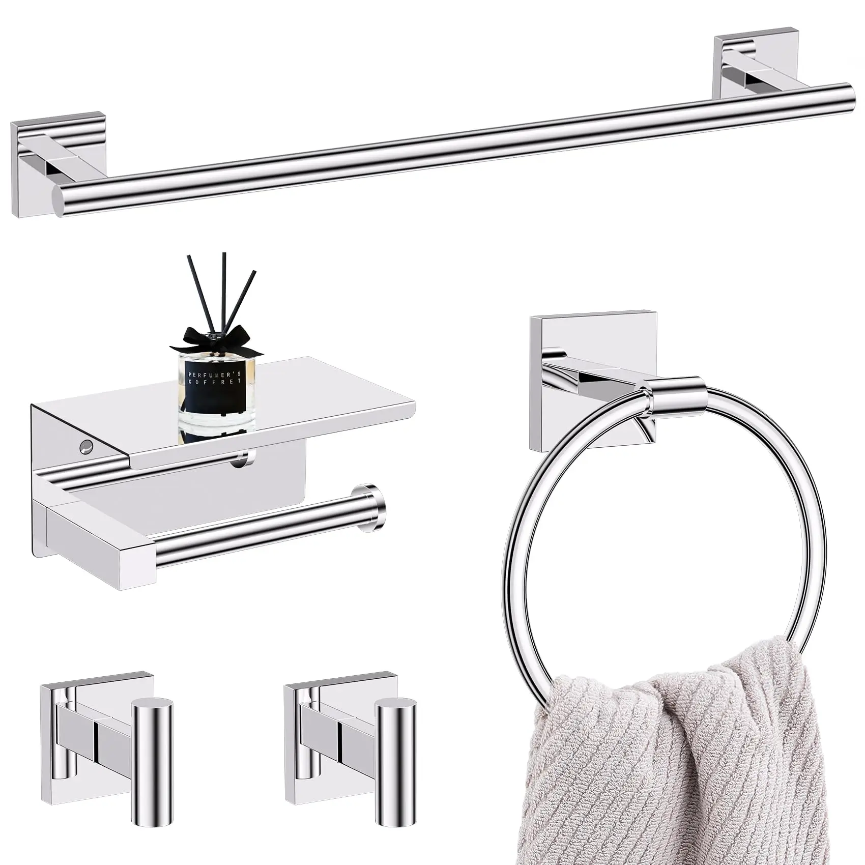 10-Piece Chrome Bathroom Fixture Set: 23.6″ Towel Bar, Ring, Shelf & Dual Hooks – Wall-Mounted SUS304 Stainless Steel
10-Piece Chrome Bathroom Fixture Set: 23.6″ Towel Bar, Ring, Shelf & Dual Hooks – Wall-Mounted SUS304 Stainless Steel