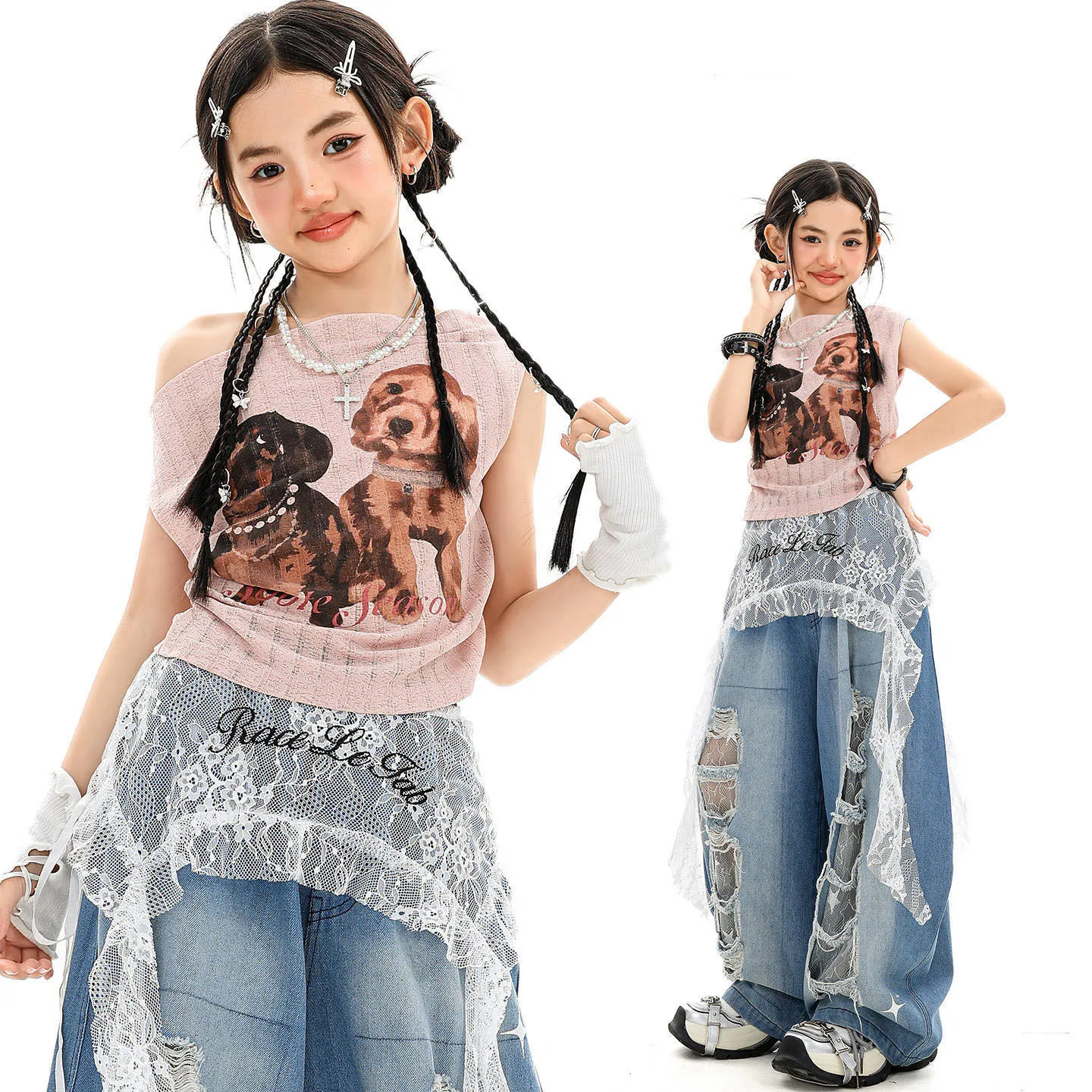 Kid Kpop Hip Hop Clothing Pink Cute Dog Print T Shirt Denim Blue Casual Wide Ripped Jeans Pants for Girl Dance Costumes Clothes
Kid Kpop Hip Hop Clothing Pink Cute Dog Print T Shirt Denim Blue Casual Wide Ripped Jeans Pants for Girl Dance Costumes Clothes