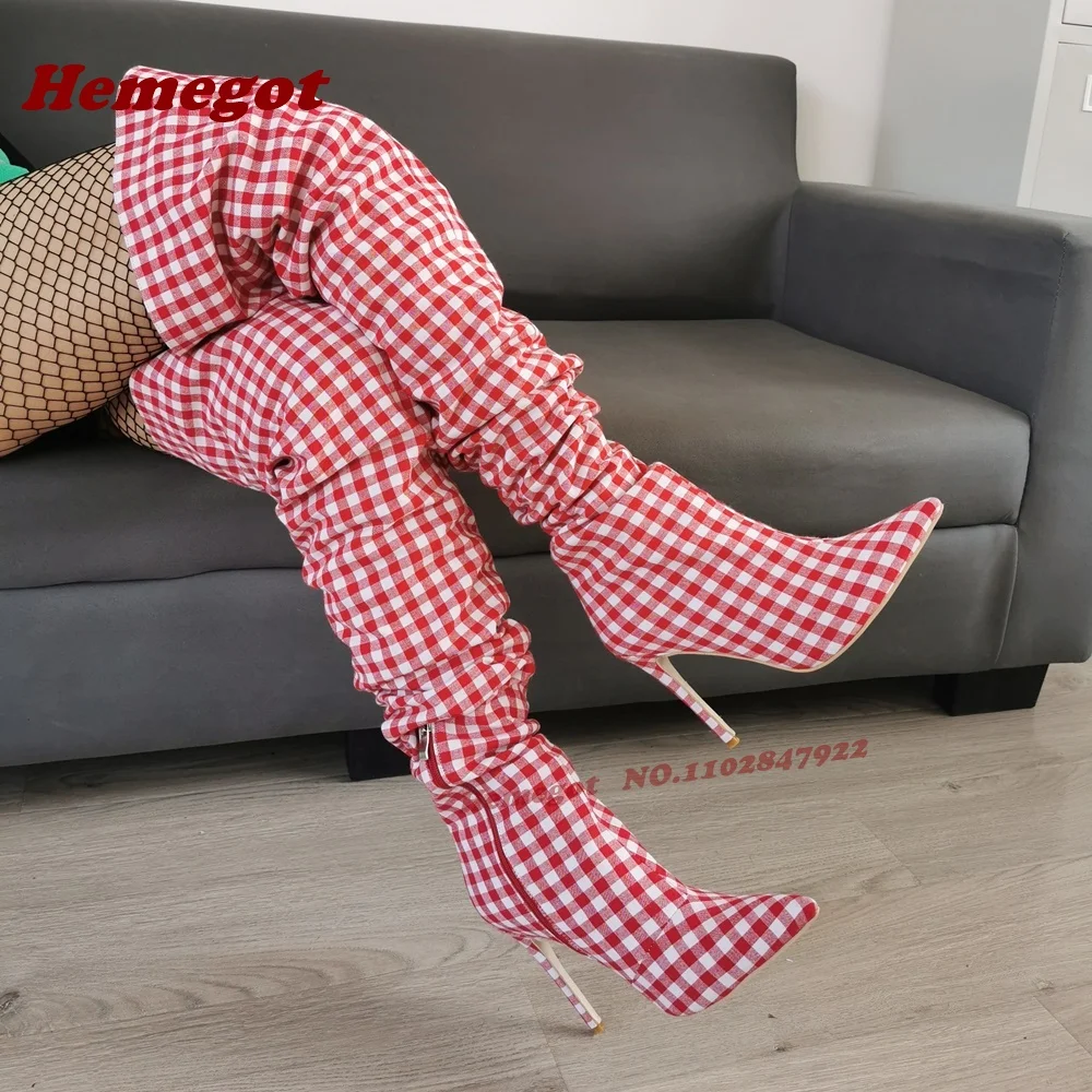 Pleated Pointy Toe Over The Knee Boots Red White Plaid Stiletto Women's Long Boots Thin High Heels Runway Shoes Luxury 2026
Pleated Pointy Toe Over The Knee Boots Red White Plaid Stiletto Women's Long Boots Thin High Heels Runway Shoes Luxury 2026