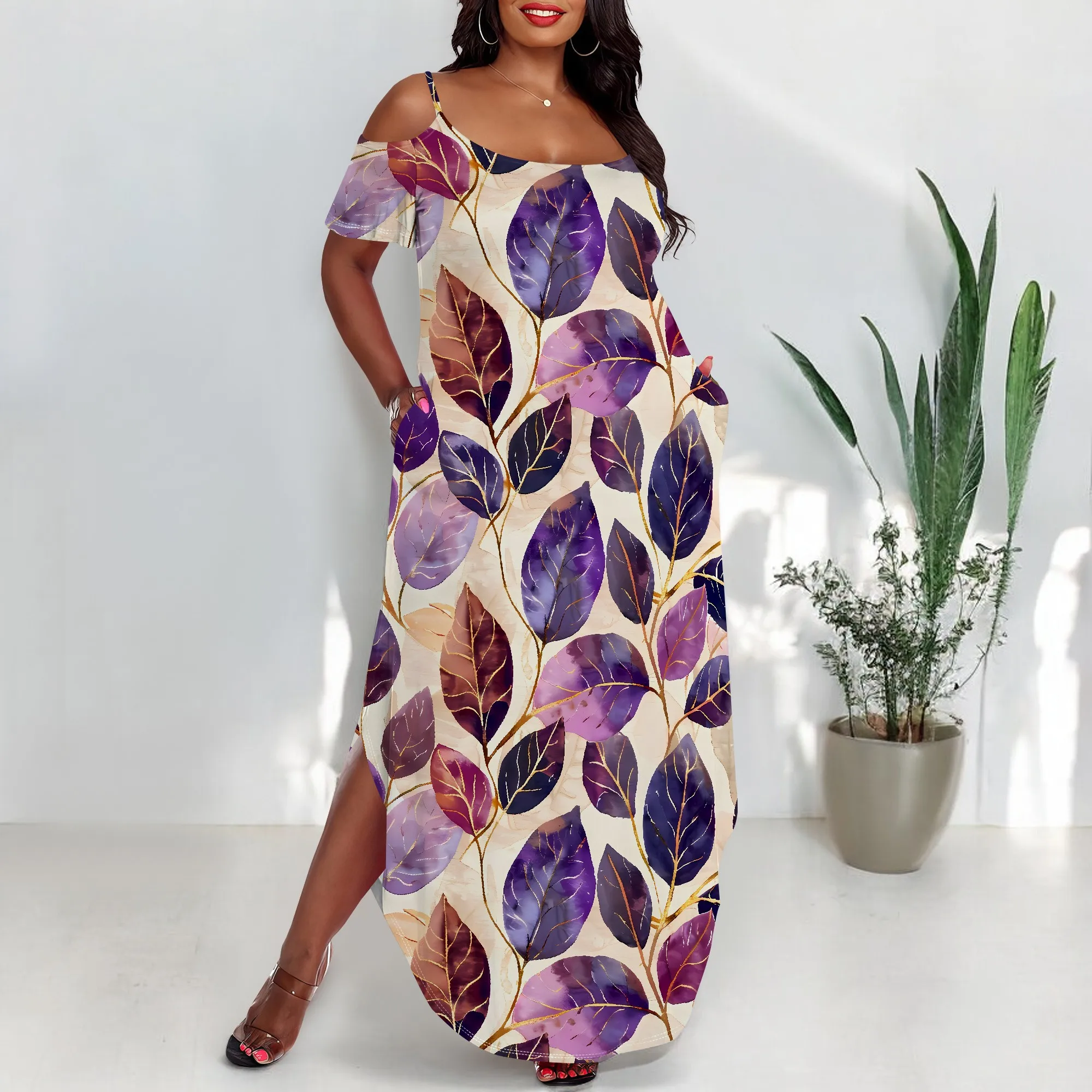 Plus Size Cold Shoulder Maxi Dress for Women Boho Leaf Print Spaghetti Strap Loose Summer Holiday Dress with Side Slit
Plus Size Cold Shoulder Maxi Dress for Women Boho Leaf Print Spaghetti Strap Loose Summer Holiday Dress with Side Slit