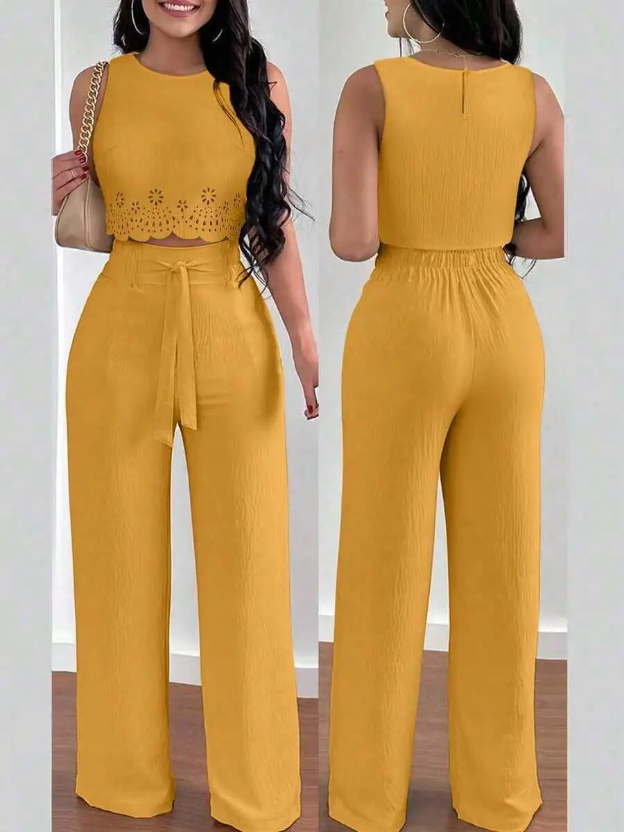 Womens Yellow Round Neck Crop Top With Hollow Detail And Wide Leg Pants 2 Piece Set
Womens Yellow Round Neck Crop Top With Hollow Detail And Wide Leg Pants 2 Piece Set