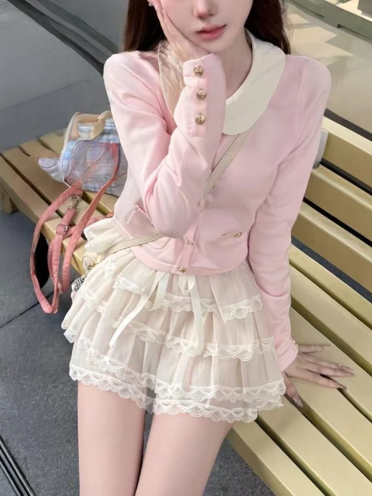 Pink Sweet Japanese Style Two Piece Set Women Long Sleeve Blouse + Ruffle Lace Mini Skirt Cute Kawaii Girl Outfits Spring 2026
Pink Sweet Japanese Style Two Piece Set Women Long Sleeve Blouse + Ruffle Lace Mini Skirt Cute Kawaii Girl Outfits Spring 2026