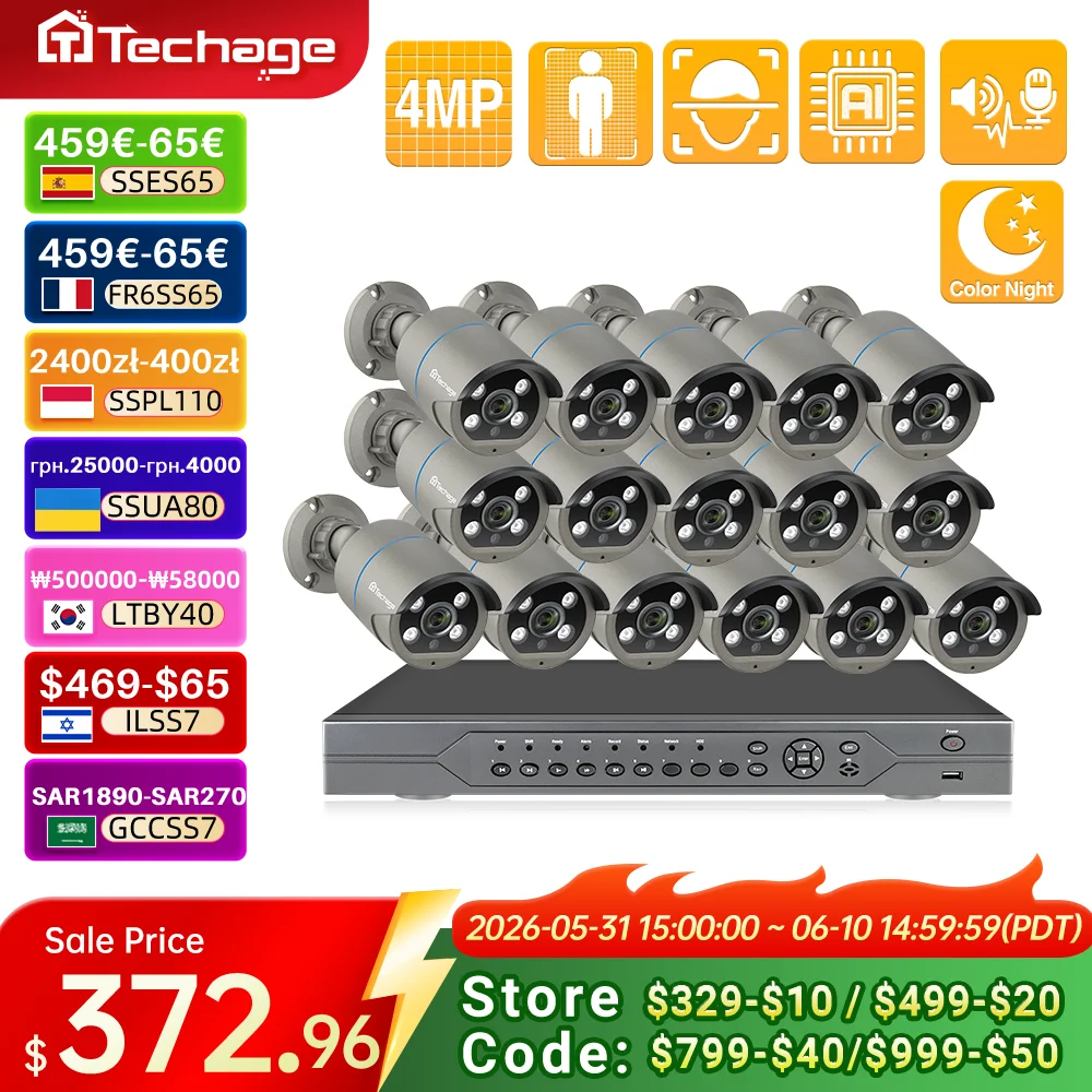 Techage 16CH 4MP PoE CCTV Security Camera System Color Night Vision NVR Kit 2-way Audio Video H.265 Surveillance Xmeye ICSEE
Techage 16CH 4MP PoE CCTV Security Camera System Color Night Vision NVR Kit 2-way Audio Video H.265 Surveillance Xmeye ICSEE