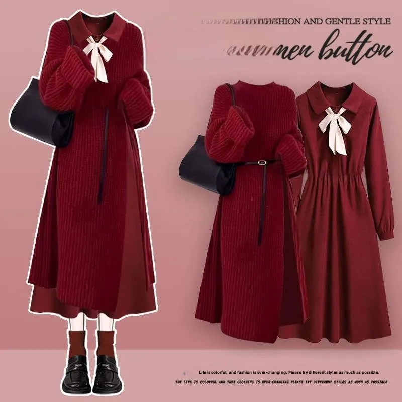Christmas Sweater Red Long Dress Slimming Korean Style Women's Fashion Set High-End Two-Piece Suit V-Neck Long Sleeve Dress
Christmas Sweater Red Long Dress Slimming Korean Style Women's Fashion Set High-End Two-Piece Suit V-Neck Long Sleeve Dress