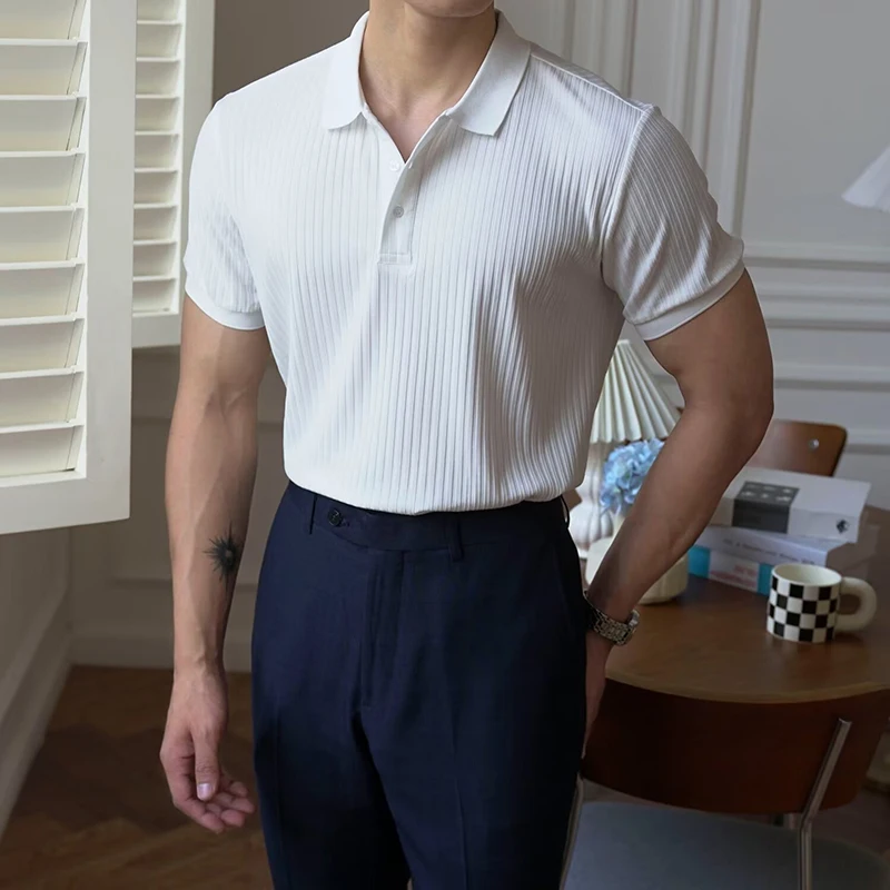 Vertical Stripe Knit Polo Men's Shirts Summer Slim Solid Color Breathable Turn-Down Collar Business Short Sleeve Tee Polo Tops
Vertical Stripe Knit Polo Men's Shirts Summer Slim Solid Color Breathable Turn-Down Collar Business Short Sleeve Tee Polo Tops