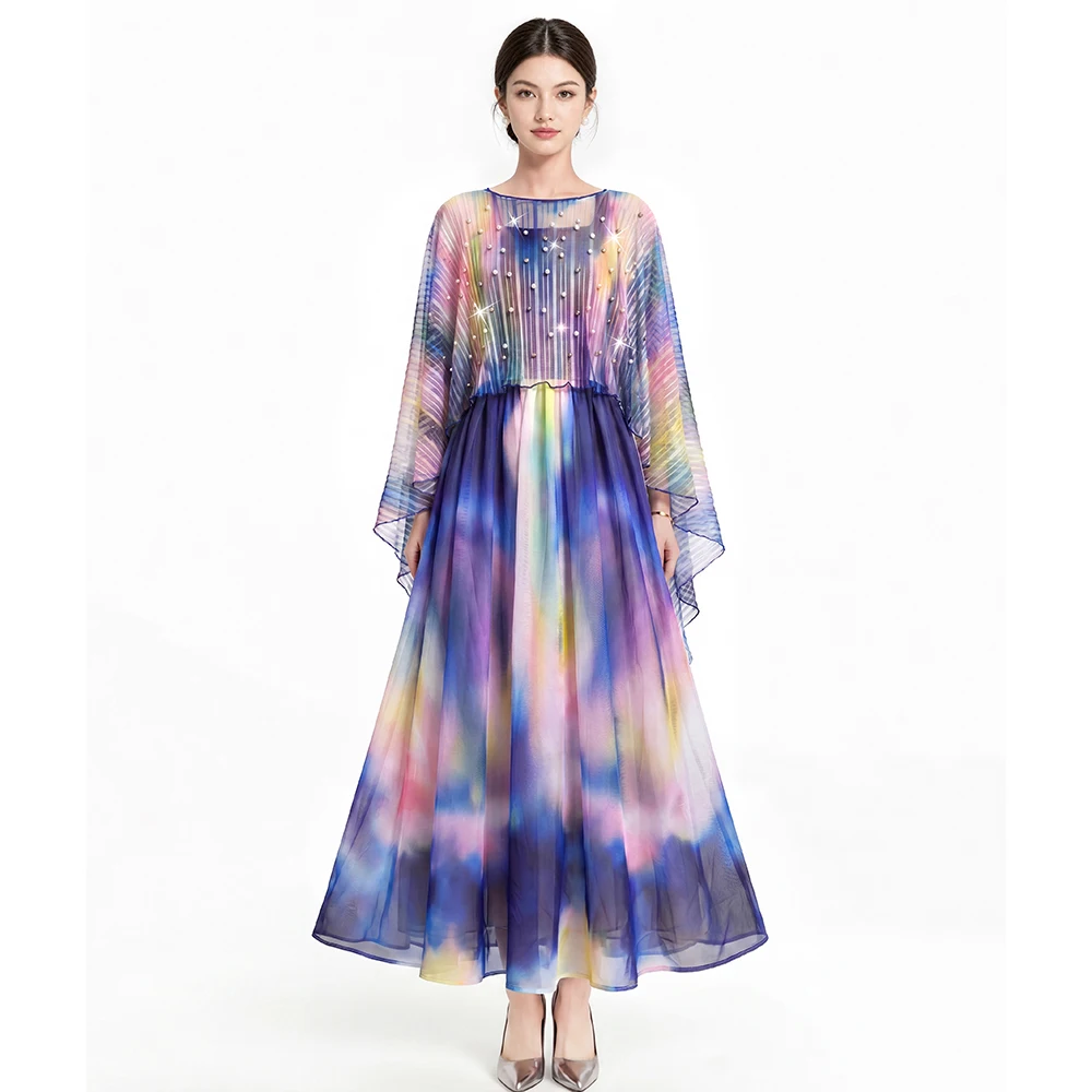 Summer Fashion Gradient Print Chiffon Elastic Waist Maxi Dress Two Piece Set For Women Elegant Beaded Cape Crop Tops Long Dress
Summer Fashion Gradient Print Chiffon Elastic Waist Maxi Dress Two Piece Set For Women Elegant Beaded Cape Crop Tops Long Dress