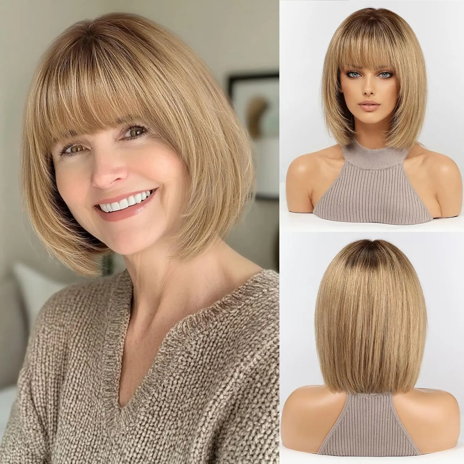 Ombre Ash Brown Bob Wigs for Women Shoulder Length Human Hair Wig with Bangs Dark Roots Short Bob Wigs 100% Real Human Hair
Ombre Ash Brown Bob Wigs for Women Shoulder Length Human Hair Wig with Bangs Dark Roots Short Bob Wigs 100% Real Human Hair
