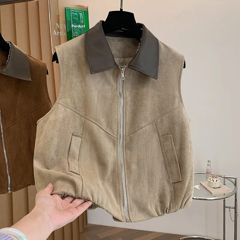 Casual Splice Suede Vest ort Outerwear Women Spring Summer Leisure Layered oulder Pad Jaet Outerwear Collar Zipper
Casual Splice Suede Vest ort Outerwear Women Spring Summer Leisure Layered oulder Pad Jaet Outerwear Collar Zipper