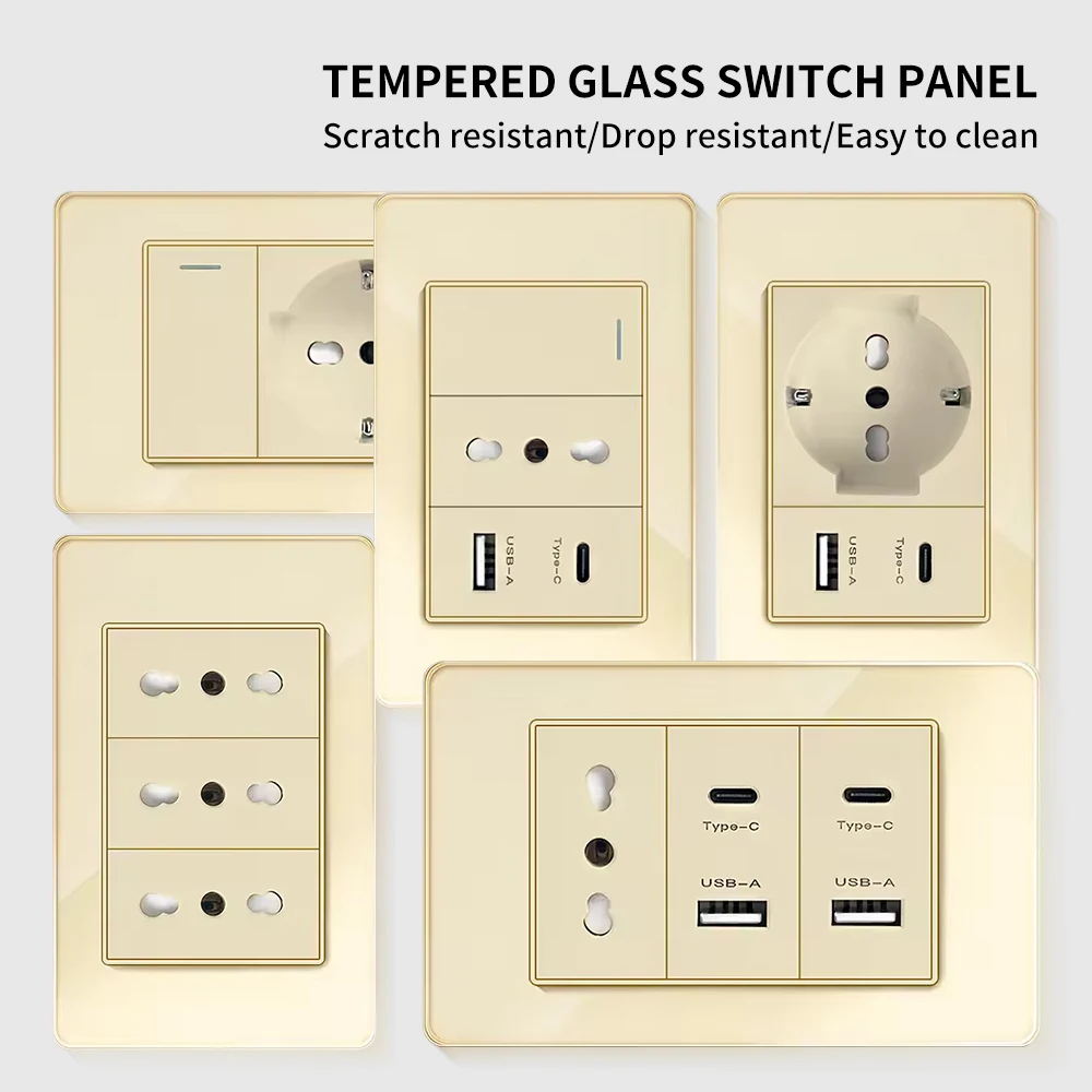 118 Wall Switch Sockets With USB Type C Fast Charging, Italy Socket , Chile Schuko Outlet, Tempered Glass Panel for Home
118 Wall Switch Sockets With USB Type C Fast Charging, Italy Socket , Chile Schuko Outlet, Tempered Glass Panel for Home