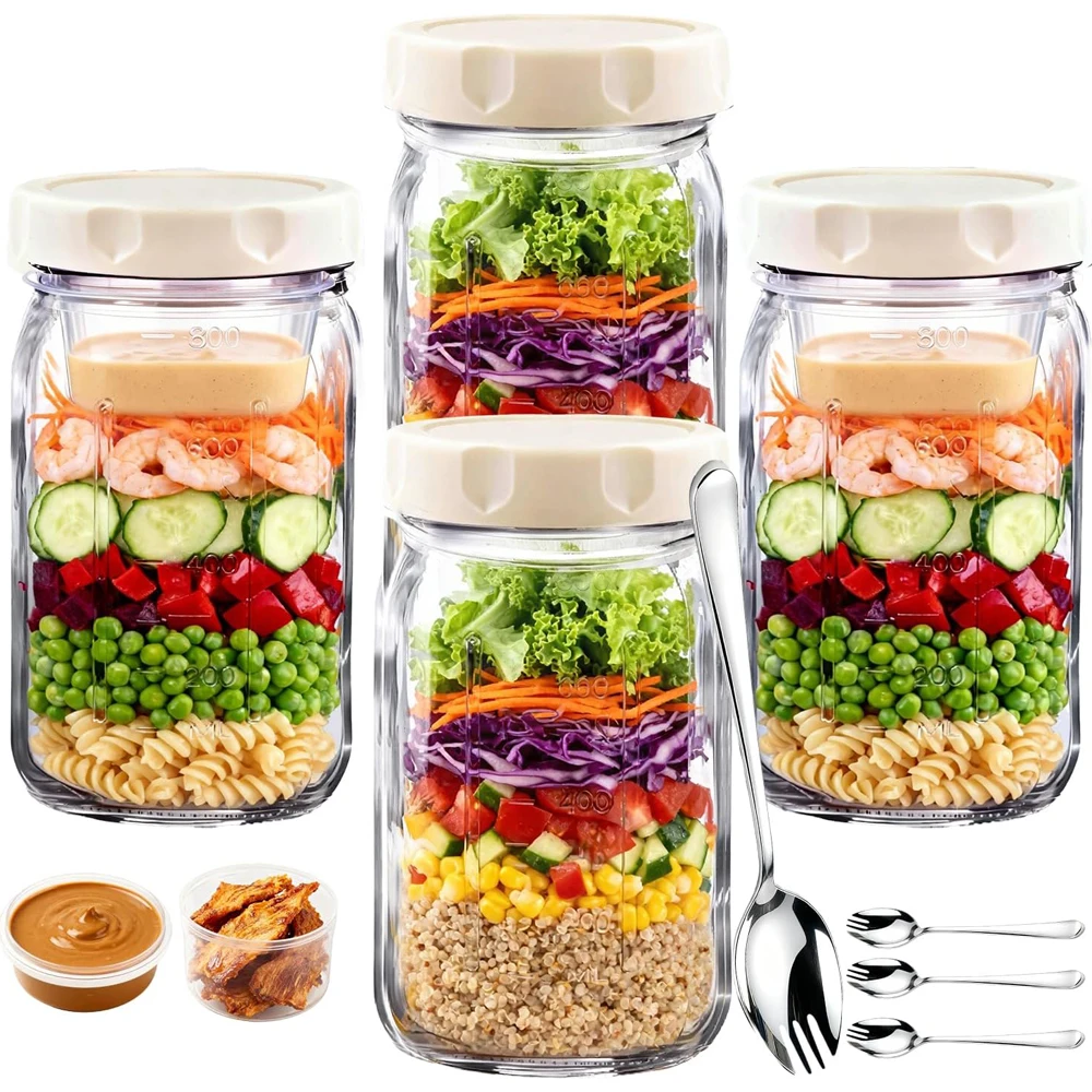 4 Pack Glass Salad Jars, 32oz Meal Prep Salad Jar with 4 Forks, Leakproof Salad Container with Separate Wet/Dry Dressing Cups
4 Pack Glass Salad Jars, 32oz Meal Prep Salad Jar with 4 Forks, Leakproof Salad Container with Separate Wet/Dry Dressing Cups