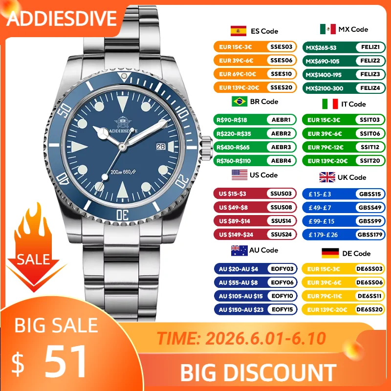 ADDIESDIVE AD2068 Japan 2115 Quartz Watch BGW9 Super Luminous Bubble Mirror Glass Watches 200Bar Waterproof Men's Wristwatches
ADDIESDIVE AD2068 Japan 2115 Quartz Watch BGW9 Super Luminous Bubble Mirror Glass Watches 200Bar Waterproof Men's Wristwatches