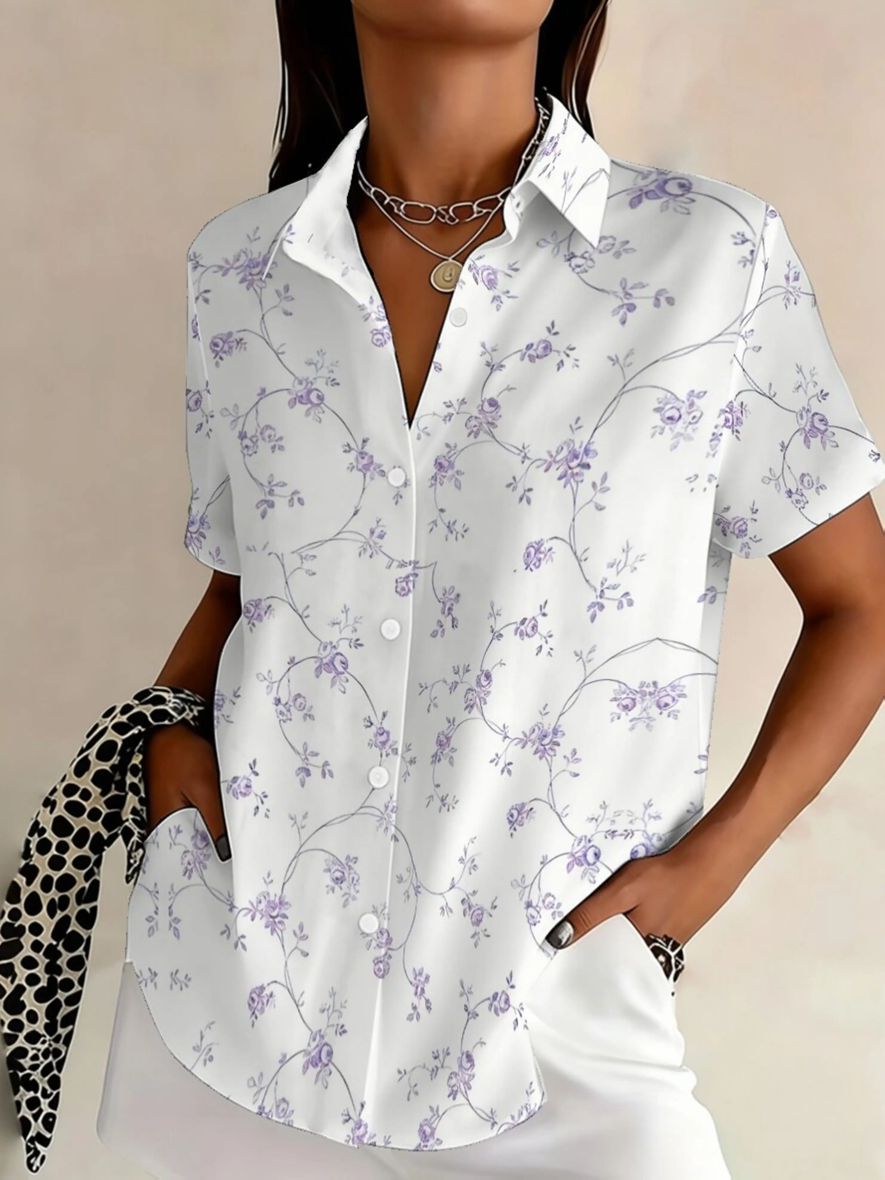 Women's White Purple Floral Vine Print Button Down Shirt, Casual Collared Tops for Spring Summer Daily Vacation Wear
Women's White Purple Floral Vine Print Button Down Shirt, Casual Collared Tops for Spring Summer Daily Vacation Wear