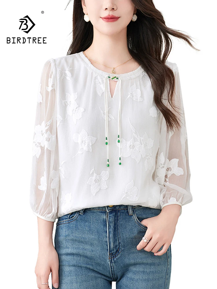 BirdTree, 100%Real Silk Elegant Shirt, Women 3/4 Sleeve O Neck Embroidery, Commute Retro Chic Blouse, 2024 Summer Fall T467128QC
BirdTree, 100%Real Silk Elegant Shirt, Women 3/4 Sleeve O Neck Embroidery, Commute Retro Chic Blouse, 2024 Summer Fall T467128QC