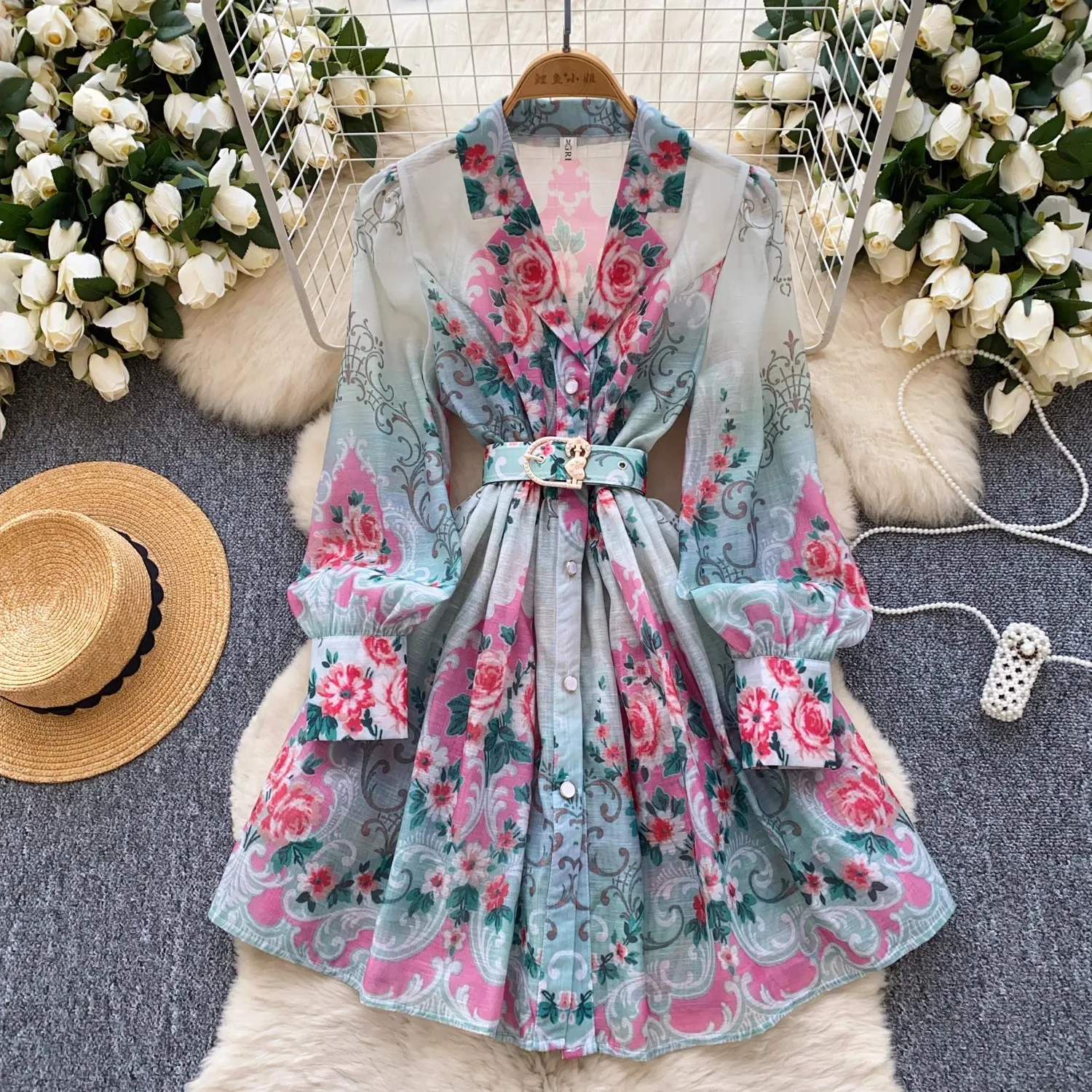 Elegant Holiday Gorgeous Flower Short Dress Women's V-Neck Long Lantern Sleeve Metal Belt Single-Breasted Linen Robe Clothes
Elegant Holiday Gorgeous Flower Short Dress Women's V-Neck Long Lantern Sleeve Metal Belt Single-Breasted Linen Robe Clothes