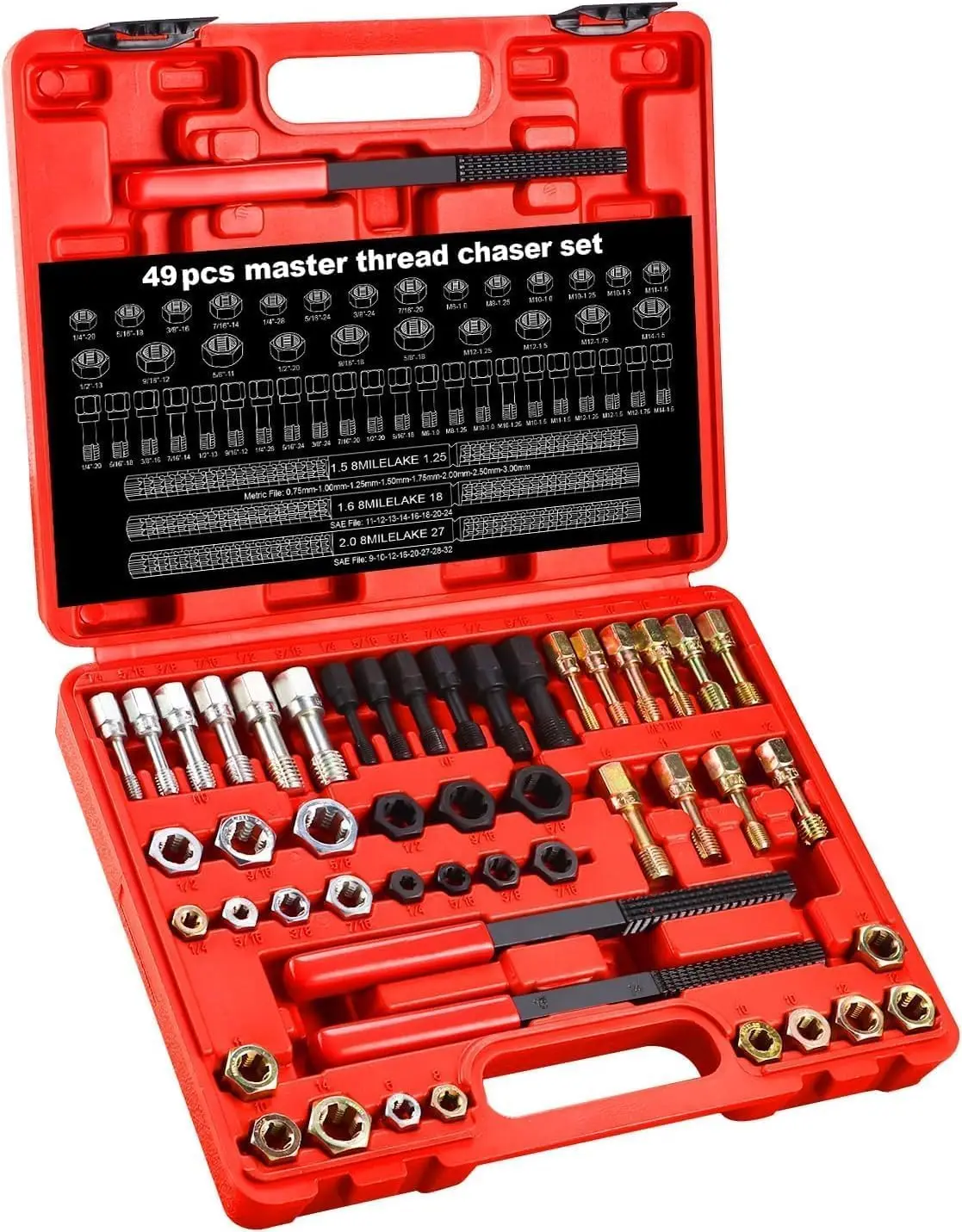 49Pcs Thread Chaser Set, Metric SAE Tap & Die Kit with 22 Taps, 24 Dies, 3 Files, UNF UNC Metric Sizes
49Pcs Thread Chaser Set, Metric SAE Tap & Die Kit with 22 Taps, 24 Dies, 3 Files, UNF UNC Metric Sizes