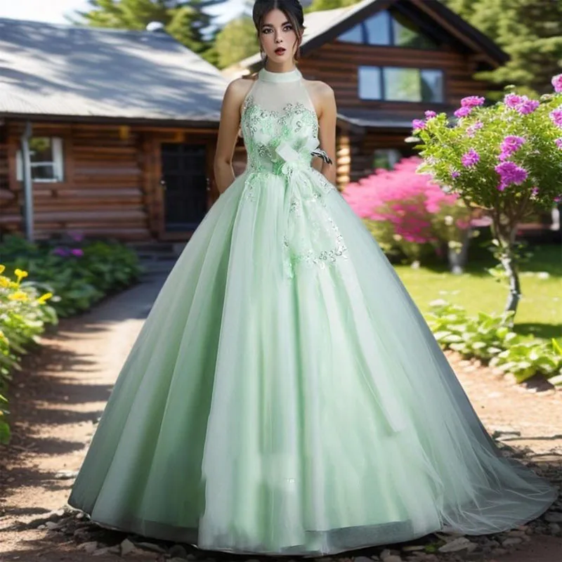 Elegant Appliques High Neck Evening Dresses Chic Sleeveless Floor Length Sweep Train Ball Gowns Lace Up Formal Occasion Dress
Elegant Appliques High Neck Evening Dresses Chic Sleeveless Floor Length Sweep Train Ball Gowns Lace Up Formal Occasion Dress