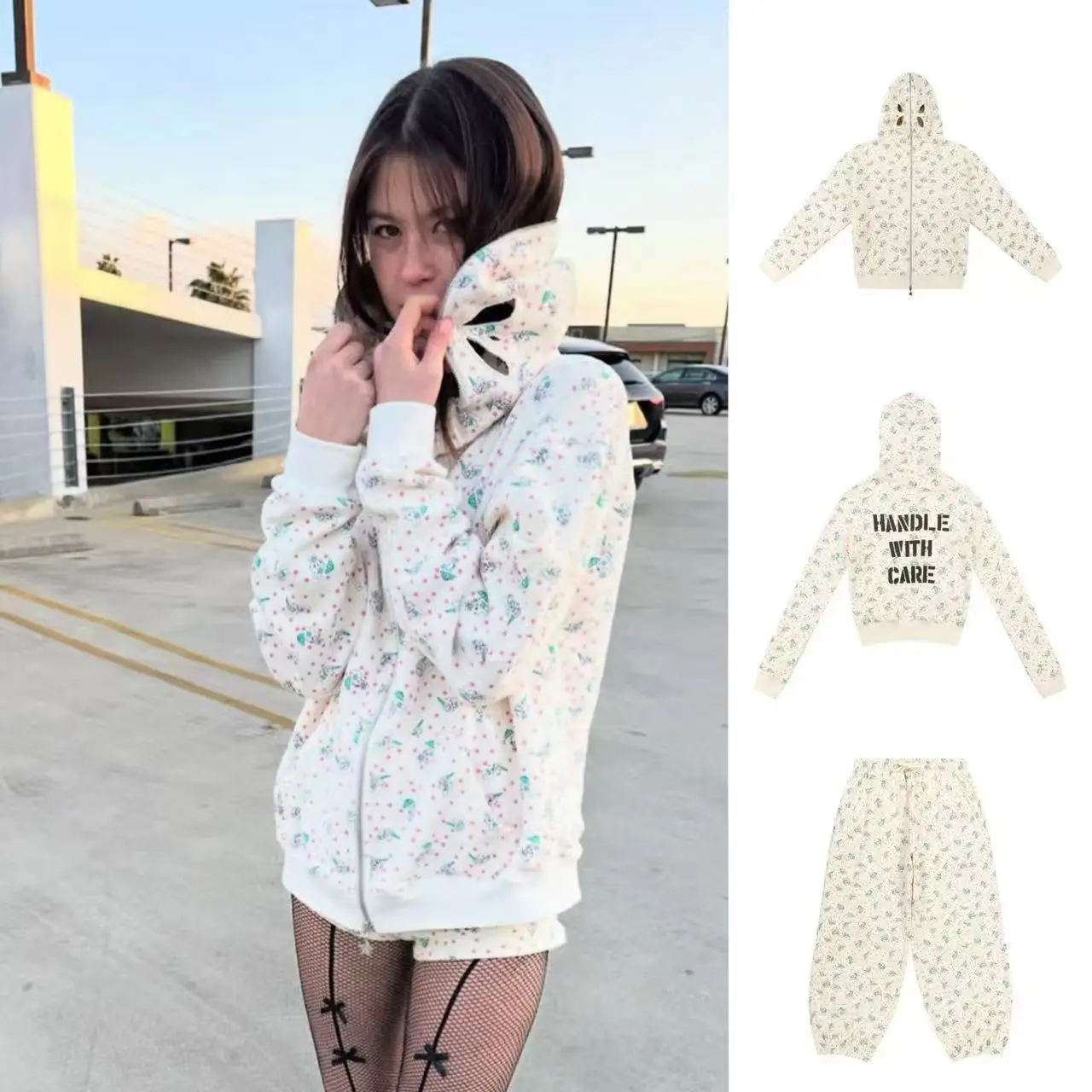 Ashley light brown rabbit heart print hooded coat, slim fit regular shoulder short coat and lined sweatpants set
Ashley light brown rabbit heart print hooded coat, slim fit regular shoulder short coat and lined sweatpants set