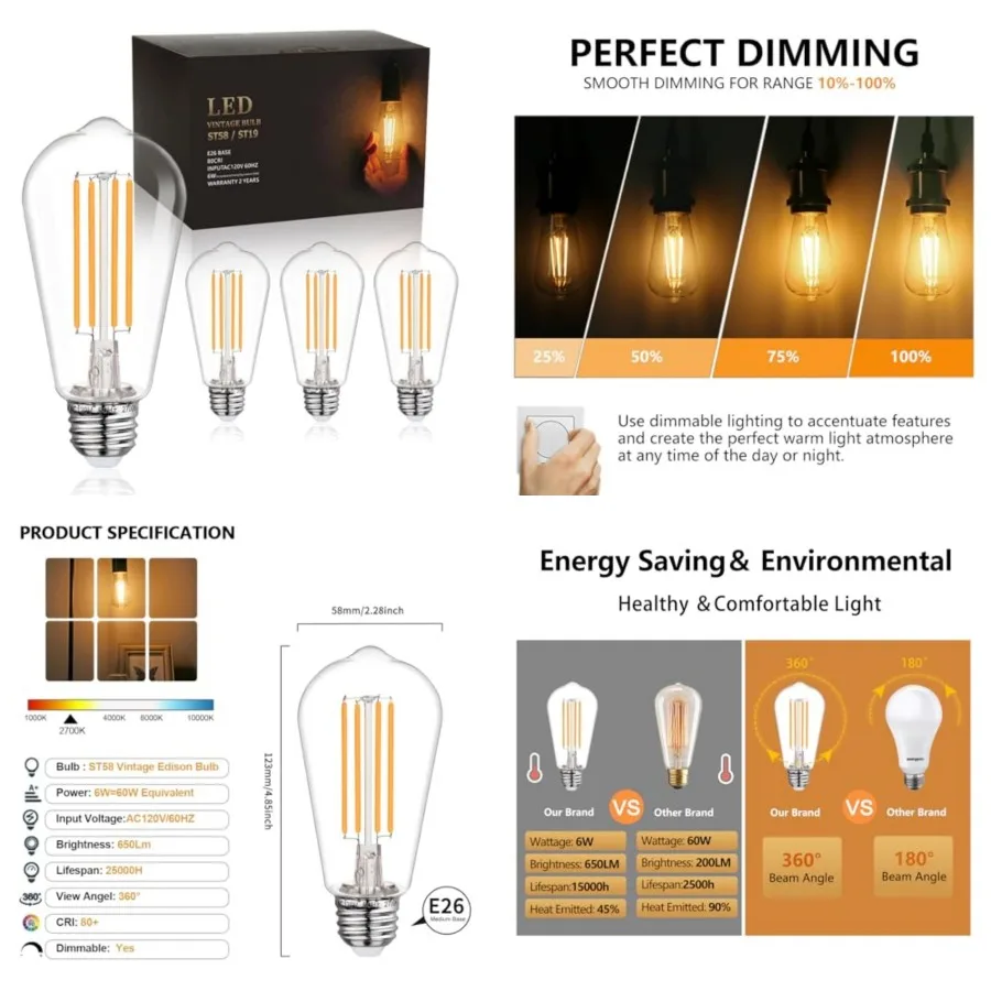 ST58/ST19 Vintage LED Edison Bulbs, Warm White, 6W Equivalent 60W LED Filament Light Bulbs, Dimmable 700LM, E26 Decorative Ligh
ST58/ST19 Vintage LED Edison Bulbs, Warm White, 6W Equivalent 60W LED Filament Light Bulbs, Dimmable 700LM, E26 Decorative Ligh