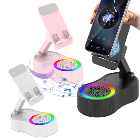 360 Degrees Rotatable Phone Stand with Wireless Bluetooth-compatible Speaker RGB Light Height Adjustable Cell Phone Holder