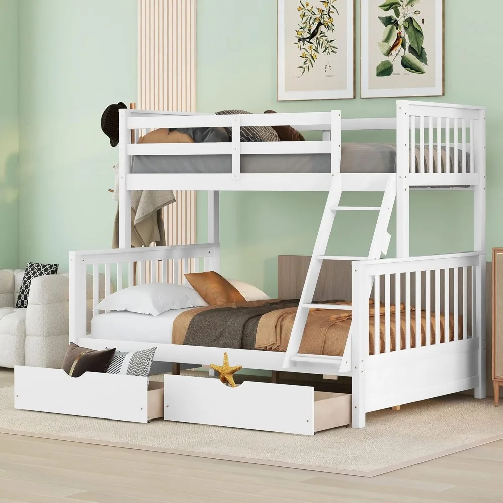 Twin Over Full Bunk Bed, Twin Over Full Bunk Bed with 2 Storage Drawers, Solid Wood Bunks Beds Frame with Guardrails and Ladder
Twin Over Full Bunk Bed, Twin Over Full Bunk Bed with 2 Storage Drawers, Solid Wood Bunks Beds Frame with Guardrails and Ladder