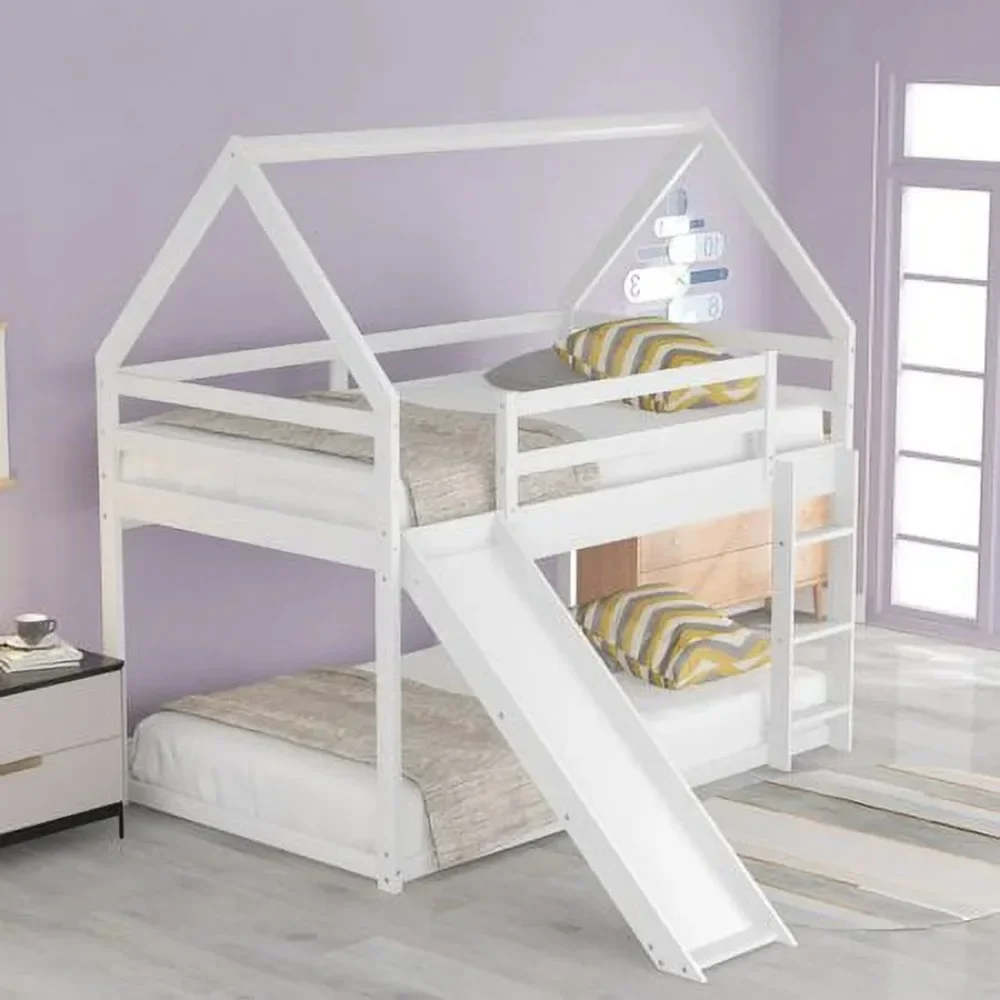 Twin Over Twin Floor Bunk Bed, TwinSize House Bunk Bed with Slide, Ladder, Guardrail and Roofs for Girls, Boys
Twin Over Twin Floor Bunk Bed, TwinSize House Bunk Bed with Slide, Ladder, Guardrail and Roofs for Girls, Boys
