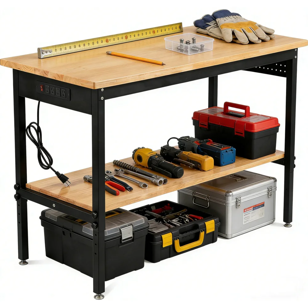 60"x24" Double-Layer Adjustable Workbench w/ Power Outlet, 2500LBS Load, Hardwood Top, 6-Level, Wheels for Garage/Workshop
60"x24" Double-Layer Adjustable Workbench w/ Power Outlet, 2500LBS Load, Hardwood Top, 6-Level, Wheels for Garage/Workshop