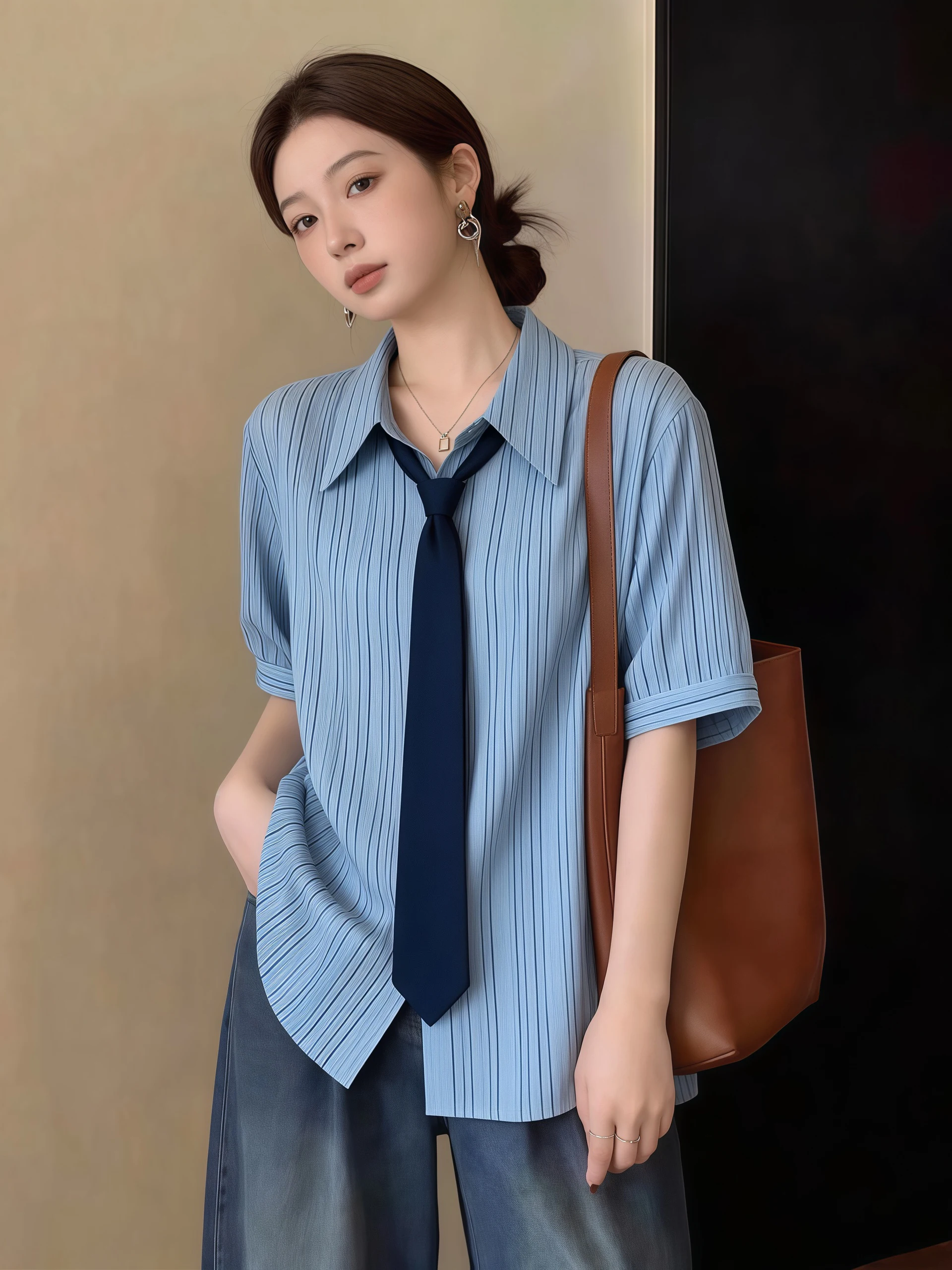 Light Blue Striped Short Sleeve Shirt Women's College Style Shoulder Length Spring Summer New plus Size Fat MM mid Length Top
Light Blue Striped Short Sleeve Shirt Women's College Style Shoulder Length Spring Summer New plus Size Fat MM mid Length Top