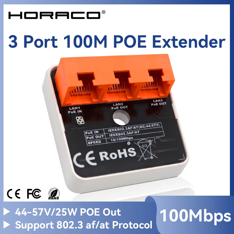 HORACO 3 Port 100M POE Extender Network Switch Repeater IEEE802.3af/at Plug&Play for PoE Switch NVR IP Camera AP
HORACO 3 Port 100M POE Extender Network Switch Repeater IEEE802.3af/at Plug&Play for PoE Switch NVR IP Camera AP