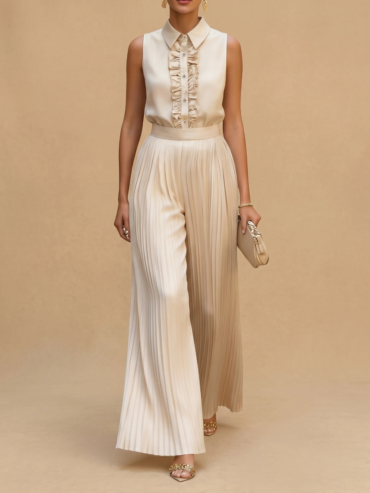 Women Sleeveless Ruffle Trim Shirt And Pleated Wide Leg Pants Elegant Two Piece Outfit For Office Formal And Evening Occasion
Women Sleeveless Ruffle Trim Shirt And Pleated Wide Leg Pants Elegant Two Piece Outfit For Office Formal And Evening Occasion