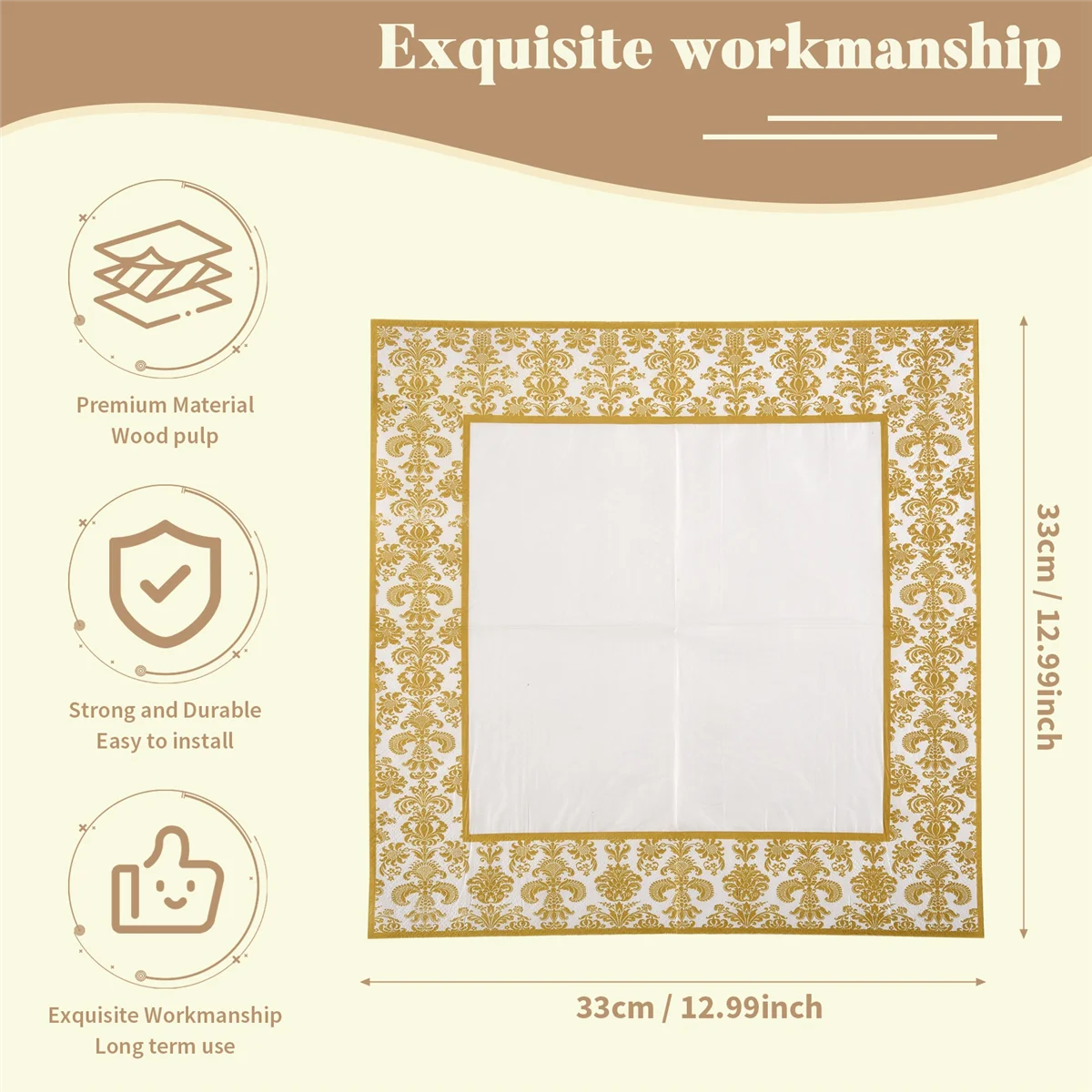 KEKA 100Pcs Gold Printing Disposable Napkin Tissue Paper Printed Napkins for Restaurant and Hotel (Golden + White)
KEKA 100Pcs Gold Printing Disposable Napkin Tissue Paper Printed Napkins for Restaurant and Hotel (Golden + White)