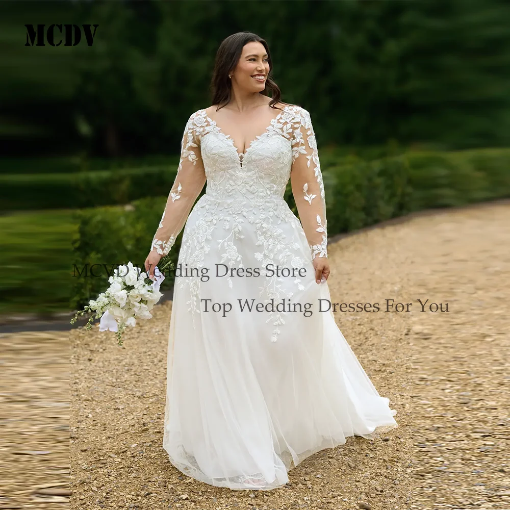 MCDV Plus Size Lace Civil Wedding Dresses Full Sleeve V-Neck Applique A-Line Bride Gowns Customized robe de mariée grande taille
MCDV Plus Size Lace Civil Wedding Dresses Full Sleeve V-Neck Applique A-Line Bride Gowns Customized robe de mariée grande taille