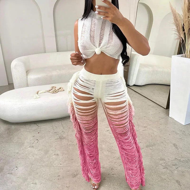 Gradient Color Knit Crochet Two Piece Set for Women Summer Beach Crop Top and Wide Leg Pants Tassel Hollow Out Vacation Outfits
Gradient Color Knit Crochet Two Piece Set for Women Summer Beach Crop Top and Wide Leg Pants Tassel Hollow Out Vacation Outfits