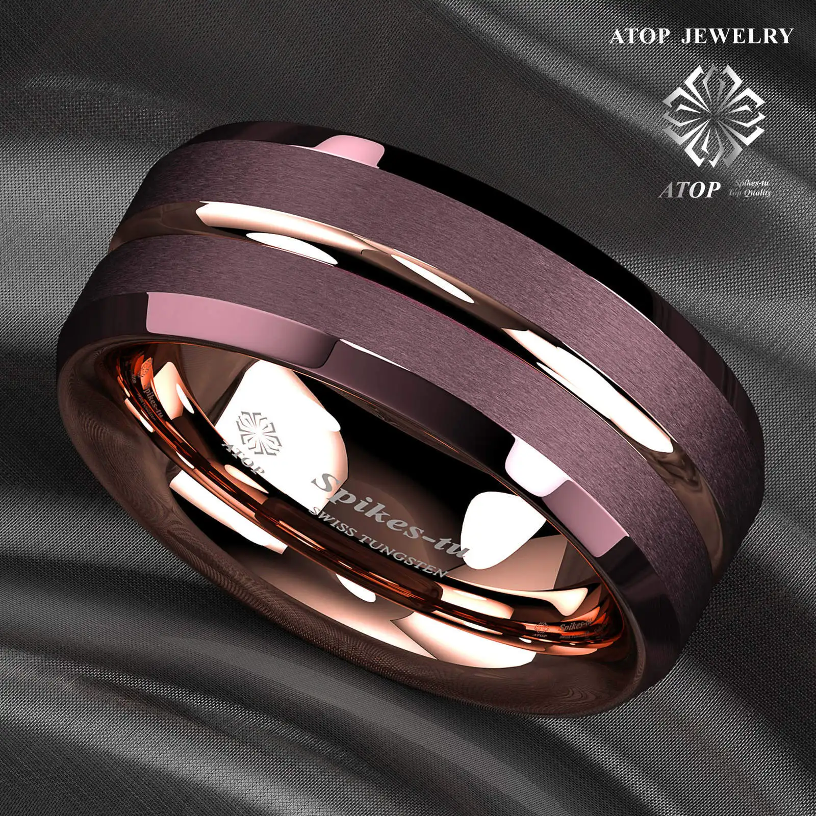 8mm Brushed Brown Tungsten Mens Ring Rose Gold Groove Stripe ATOP Wedding Band
8mm Brushed Brown Tungsten Mens Ring Rose Gold Groove Stripe ATOP Wedding Band