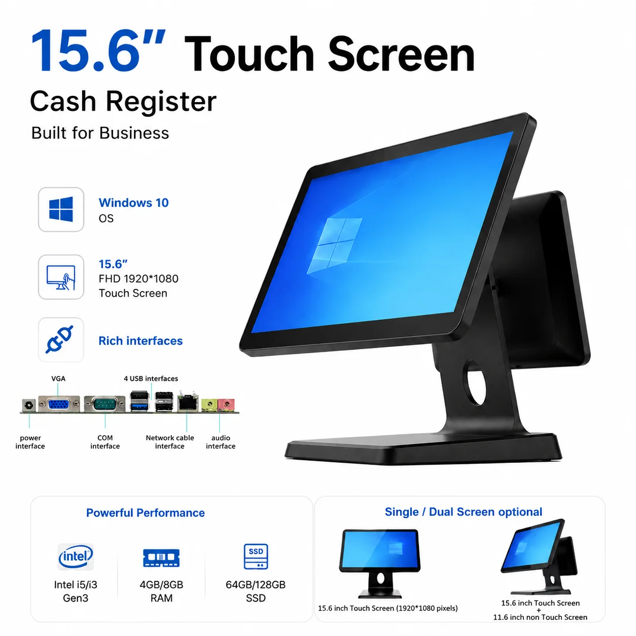 15.6 inch 1920*1080P Touch Screen Windows System, Intel i5/i3 POS Teiminal Desktop Ordering POS System with Steel Stand & Case
15.6 inch 1920*1080P Touch Screen Windows System, Intel i5/i3 POS Teiminal Desktop Ordering POS System with Steel Stand & Case