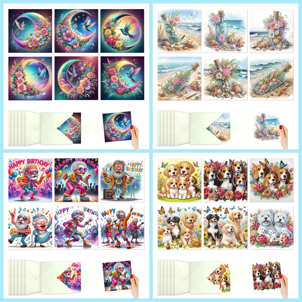 6 Pieces of Diamond Painted Greeting cards, cartoon Characters, puppies, moon Patterns, paper Materials, writing Blessings
6 Pieces of Diamond Painted Greeting cards, cartoon Characters, puppies, moon Patterns, paper Materials, writing Blessings