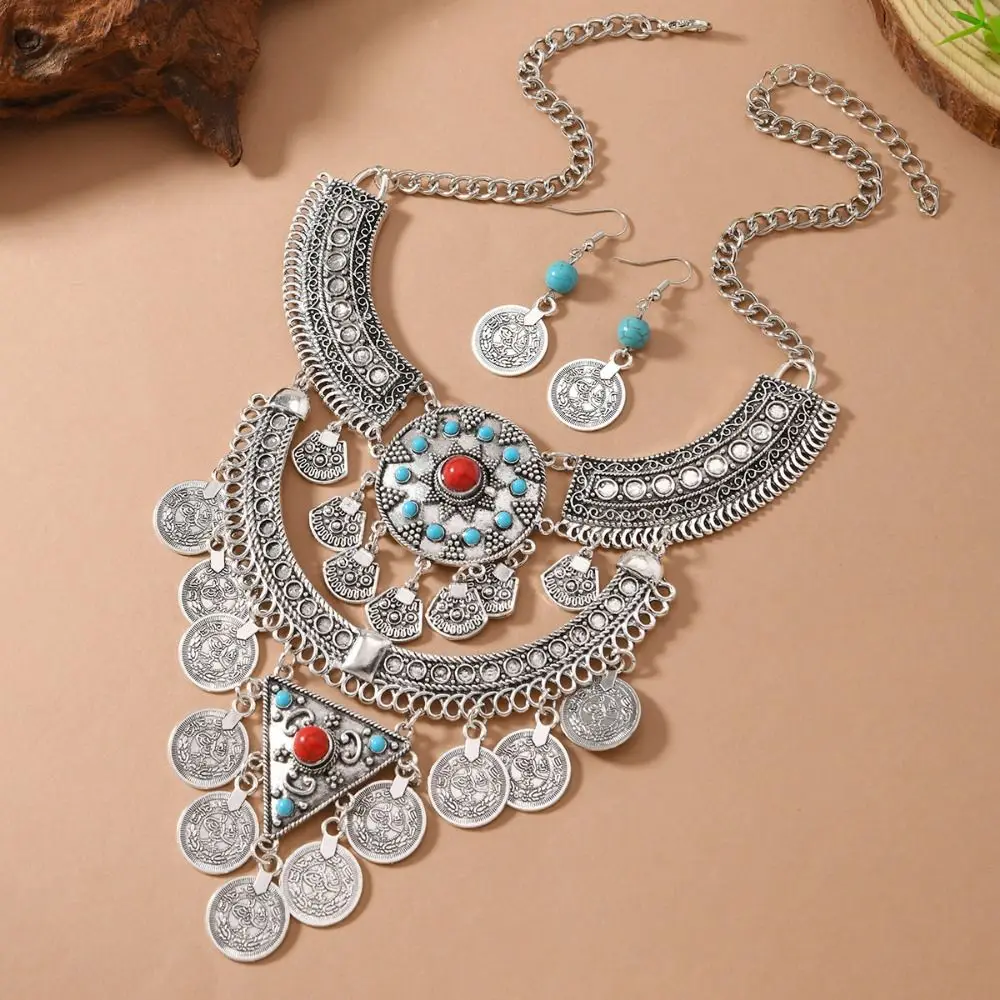New Vintage Turquoise Tassel Necklace Earrings Exquisite Exaggerated Ethnic Style Jewelry Set Bohemia Alloy Neck Jewelry Gifts
New Vintage Turquoise Tassel Necklace Earrings Exquisite Exaggerated Ethnic Style Jewelry Set Bohemia Alloy Neck Jewelry Gifts