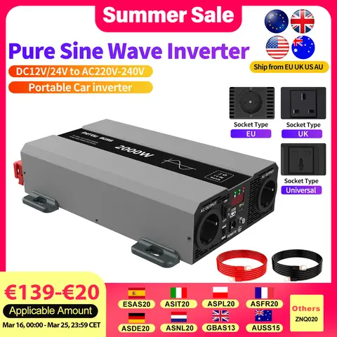 DATOUBOSS SAK Pure Sine Wave Inverter DC12V-24V to AC220V Portable Car Inverter Peak Power 4000W Continuous Power 2000W