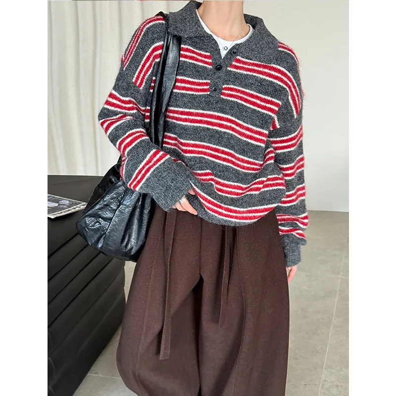 Polo Collar Striped Sweater Autumn Winter Women Loose Wool Blend Korean Casual Pullovers
Polo Collar Striped Sweater Autumn Winter Women Loose Wool Blend Korean Casual Pullovers