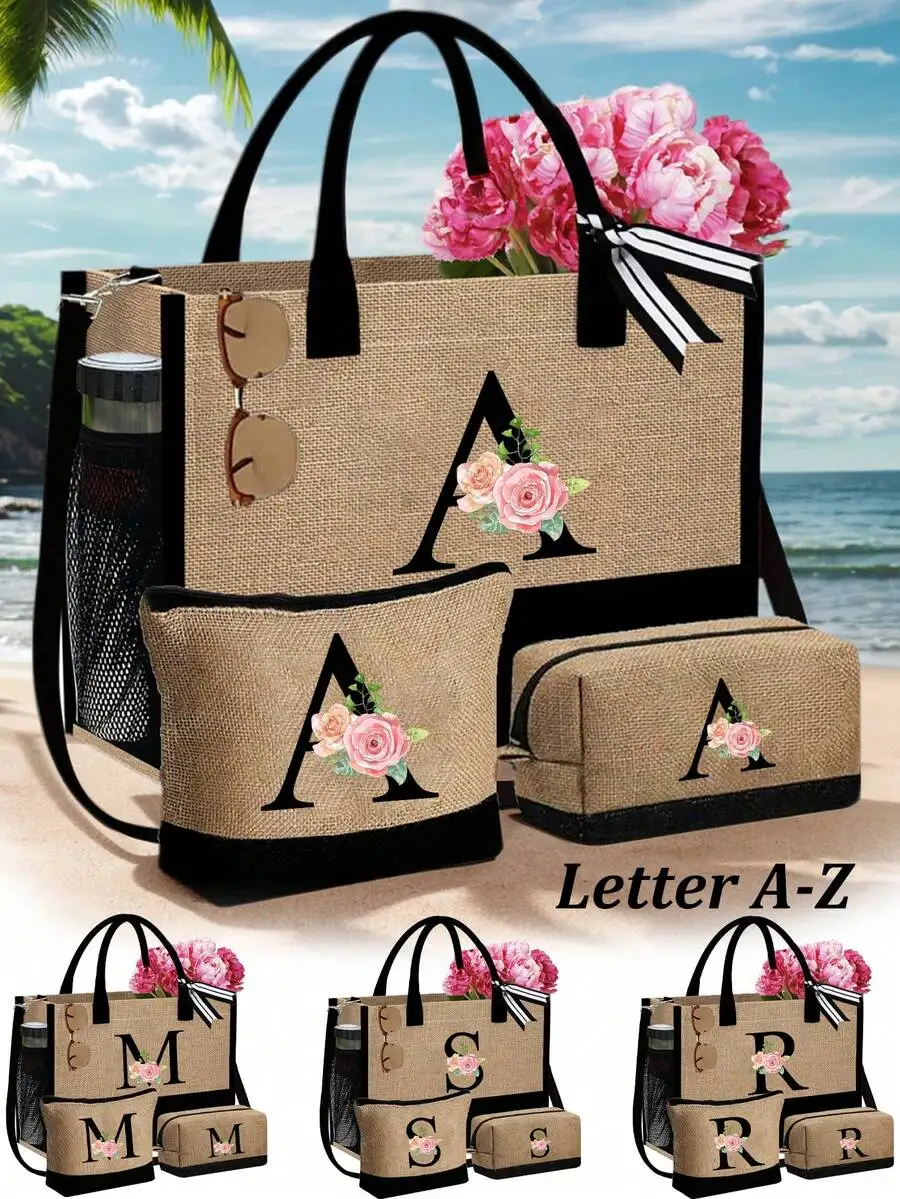 Personalized Jute Tote Bag With Pink Flowers And Initial A-Z, Includes Makeup Bag, Casual Beach Travel Handbag For Women
Personalized Jute Tote Bag With Pink Flowers And Initial A-Z, Includes Makeup Bag, Casual Beach Travel Handbag For Women
