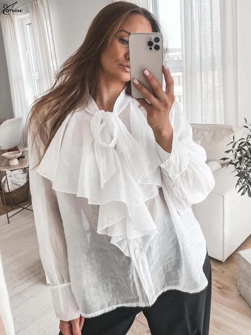 Oymimi Casual White Lace-Up Neck Women's Shirt Fashion Long Sleeve Ruffled Single Breasted Shirts Summer Translucent Solid Shirt
Oymimi Casual White Lace-Up Neck Women's Shirt Fashion Long Sleeve Ruffled Single Breasted Shirts Summer Translucent Solid Shirt