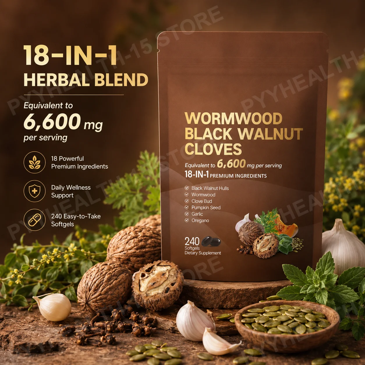 18-in-1 Wormwood Black Walnut Clove Softgels 6600mg Herbal Blend with Garlic Pumpkin Seed Oregano Daily Wellness 240 Softgels
18-in-1 Wormwood Black Walnut Clove Softgels 6600mg Herbal Blend with Garlic Pumpkin Seed Oregano Daily Wellness 240 Softgels