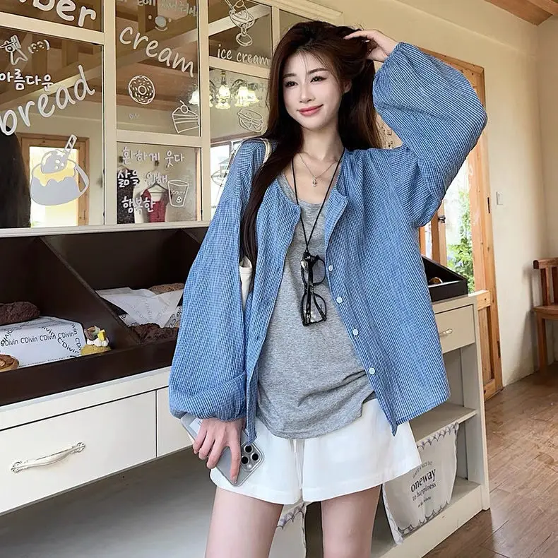 Blue Plaid Sun Protection Jacket for Women Summer Korean Style Thin Loose Cardigan Top 
Blue Plaid Sun Protection Jacket for Women Summer Korean Style Thin Loose Cardigan Top