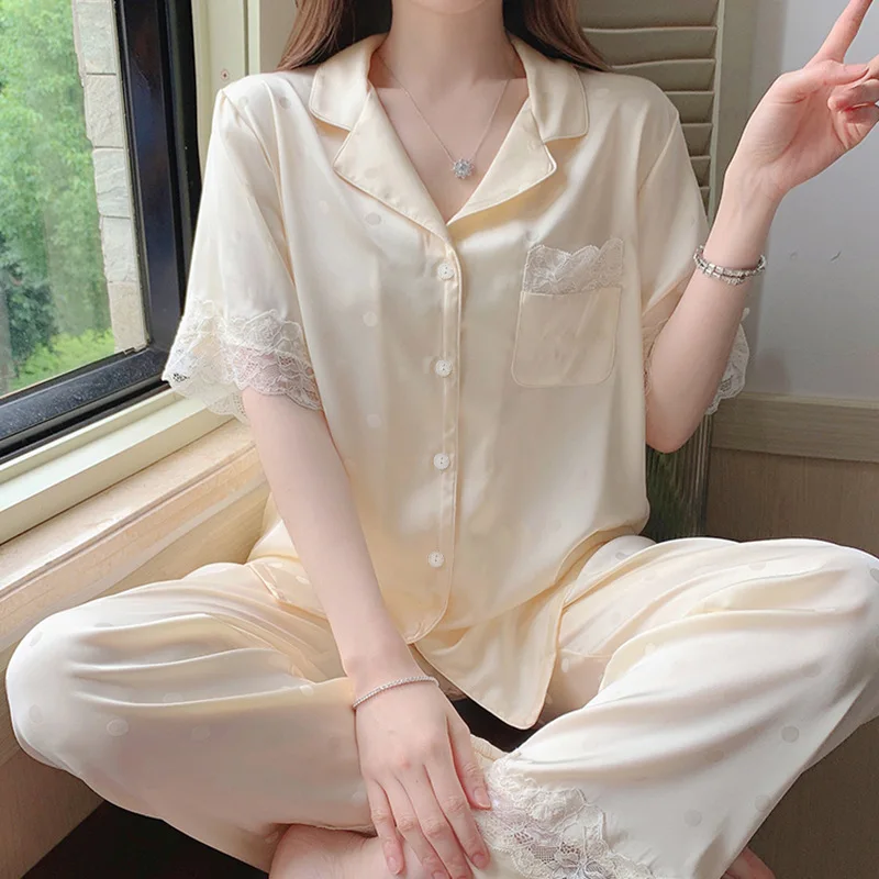 Pajamas for Women Pink Wave Dotted Lace Short Sleeve Pants Two Piece Set Satin Silk Pjs Lace Polka Dot Gentle Girl's Loungewear
Pajamas for Women Pink Wave Dotted Lace Short Sleeve Pants Two Piece Set Satin Silk Pjs Lace Polka Dot Gentle Girl's Loungewear
